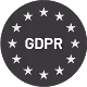 Gray circular badge with 12 white stars evenly spaced around the edge and the letters GDPR in the center.
