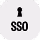 Rounded square button icon with a black keyhole symbol above the text 'SSO' on a light gray background.