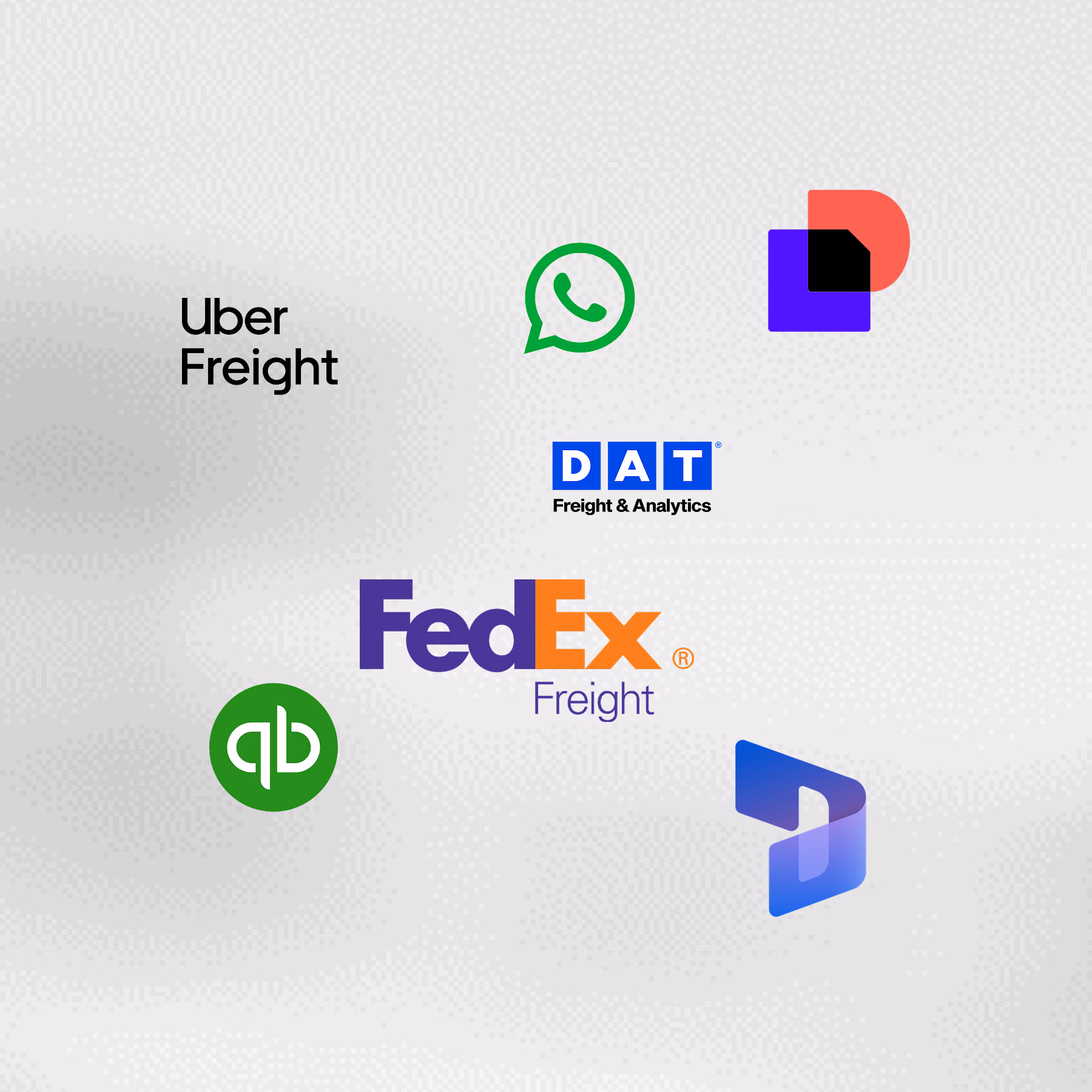 Logos of various companies and services including Uber Freight, WhatsApp, a colorful abstract logo, DAT Freight & Analytics, QuickBooks, FedEx Freight, and Microsoft Dynamics arranged on a light background.