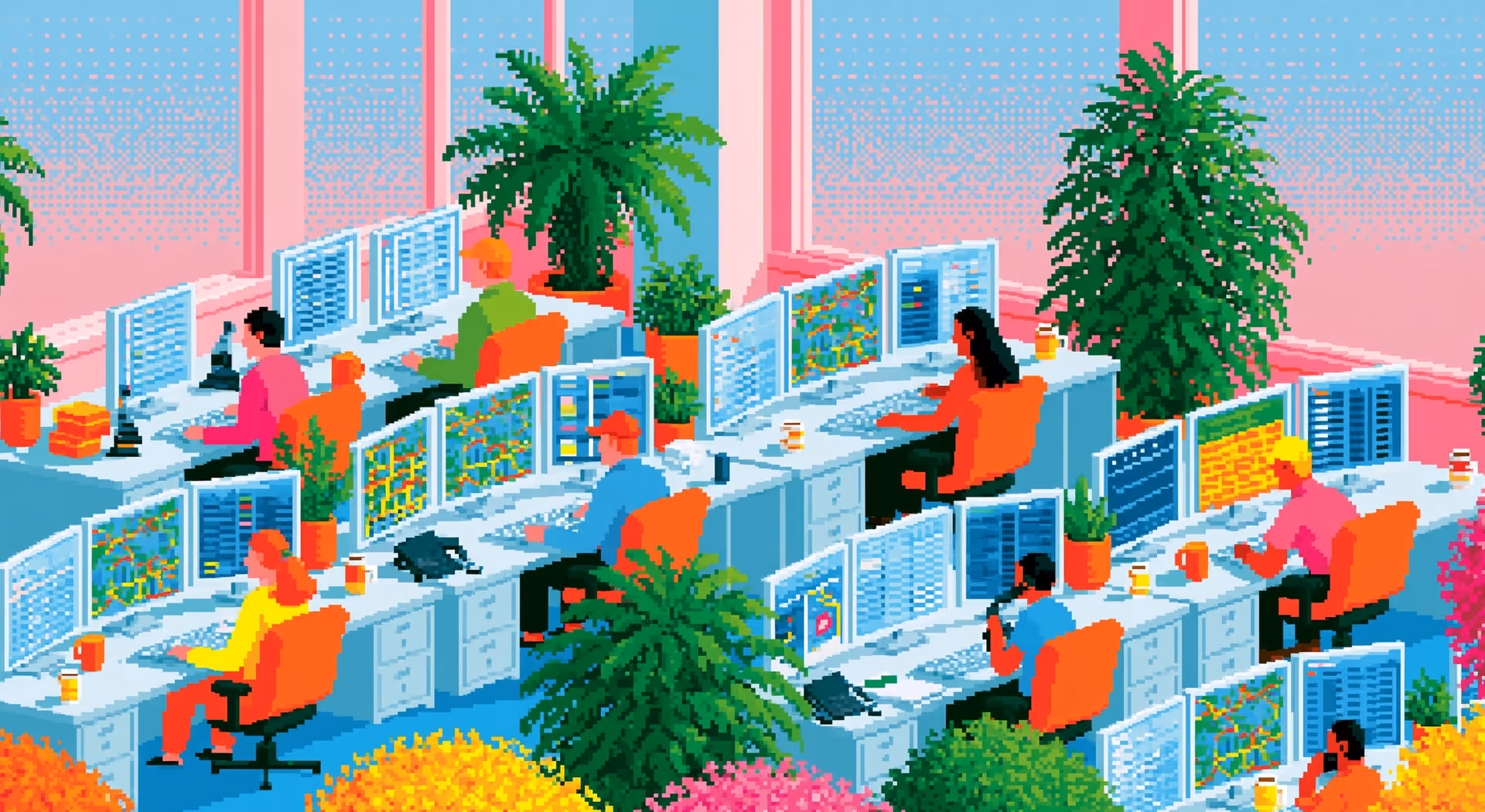 Pixel art of an office with diverse workers at computer desks surrounded by plants, colorful environment, and multiple monitors showing data and maps.