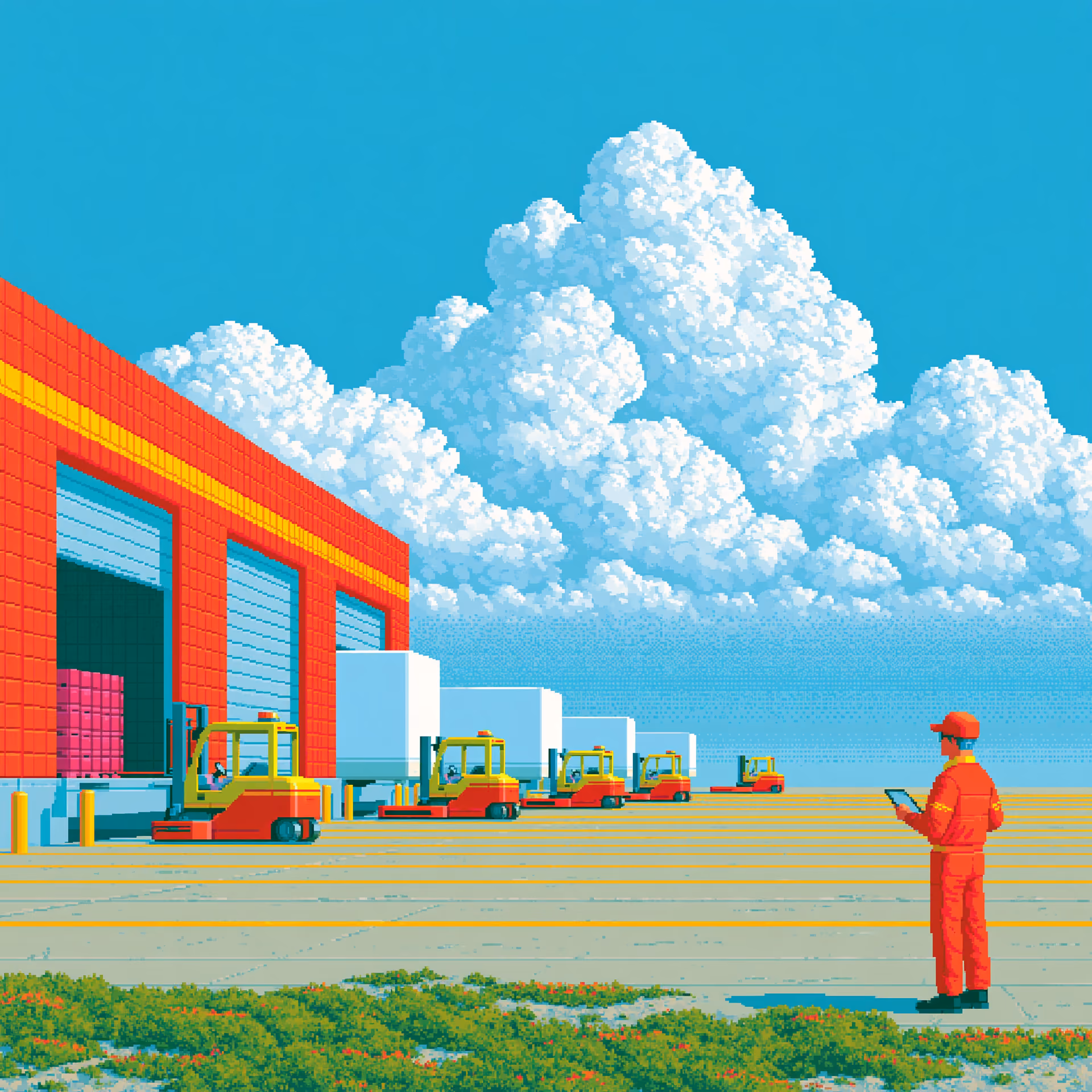 Pixel art scene of a logistics warehouse with red and yellow forklifts lined up by loading docks of a red brick building under large fluffy clouds, with a worker in red uniform holding a tablet on the right.