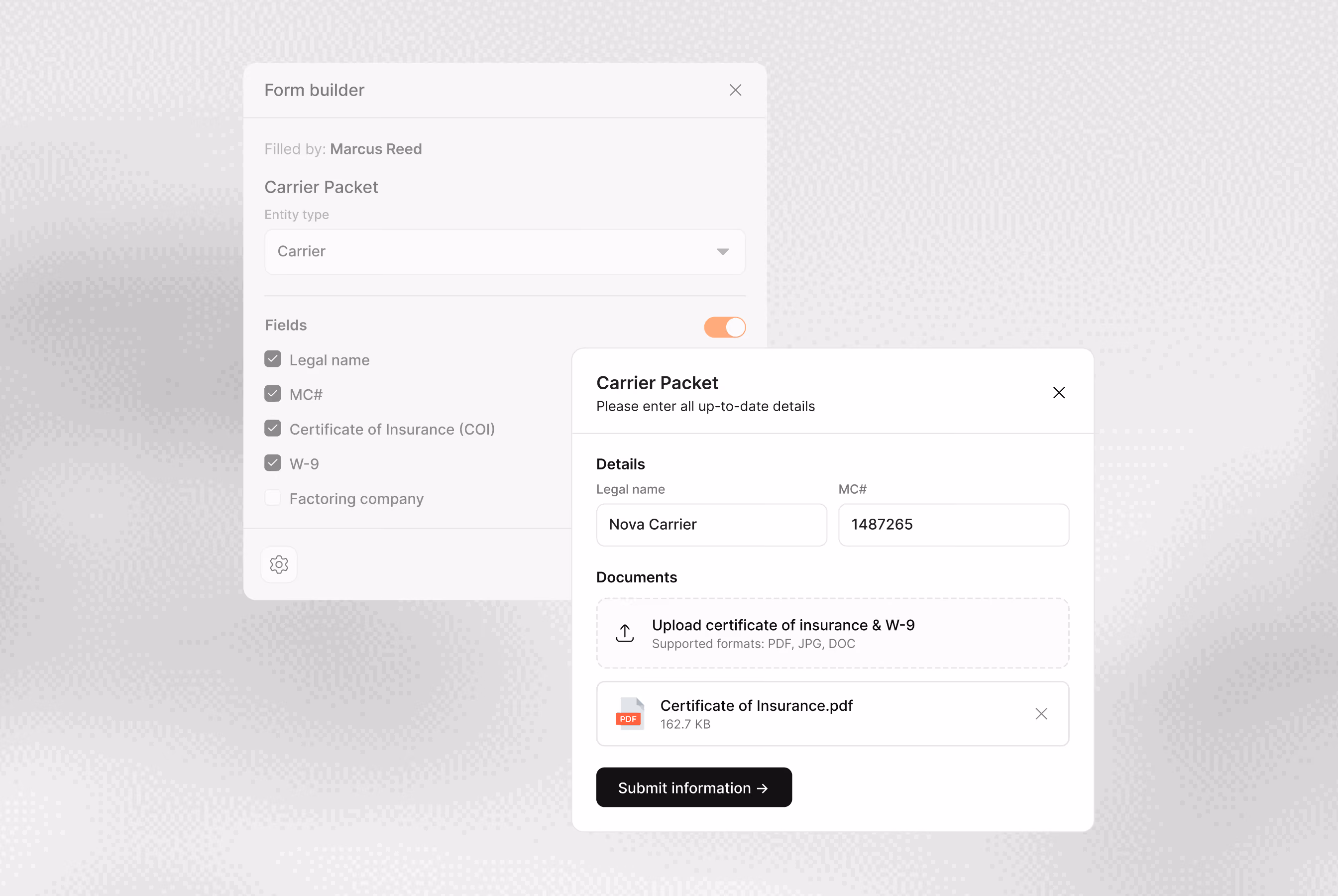 User interface of a form builder showing a Carrier Packet form with fields for legal name and MC number filled with 'Nova Carrier' and '1487265', respectively, an upload section for insurance and W-9 documents, including a PDF file named 'Certificate of Insurance.pdf' ready for submission.