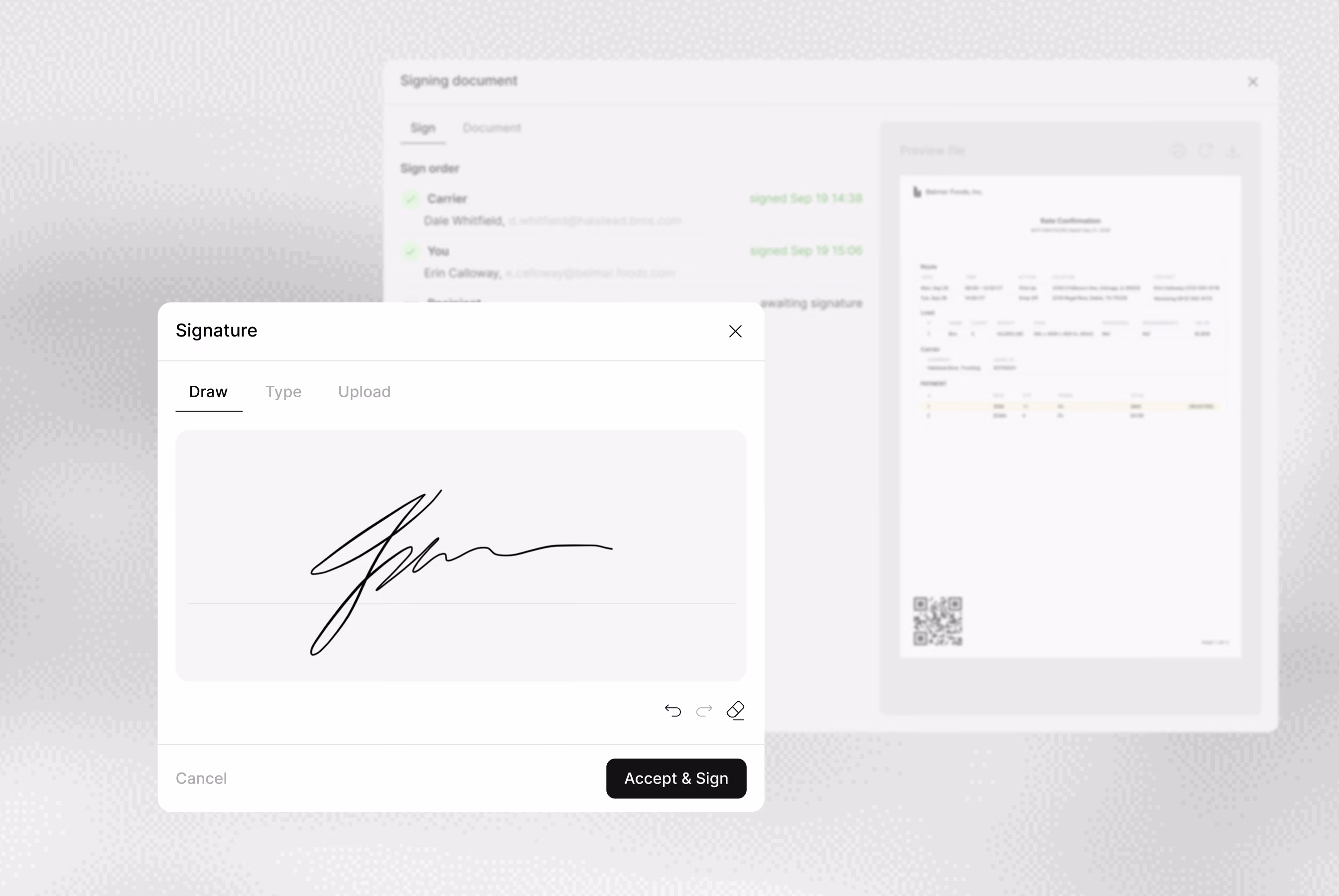 Digital document signing interface showing a signature box with a drawn signature, options to draw, type, or upload a signature, and buttons to cancel or accept and sign.