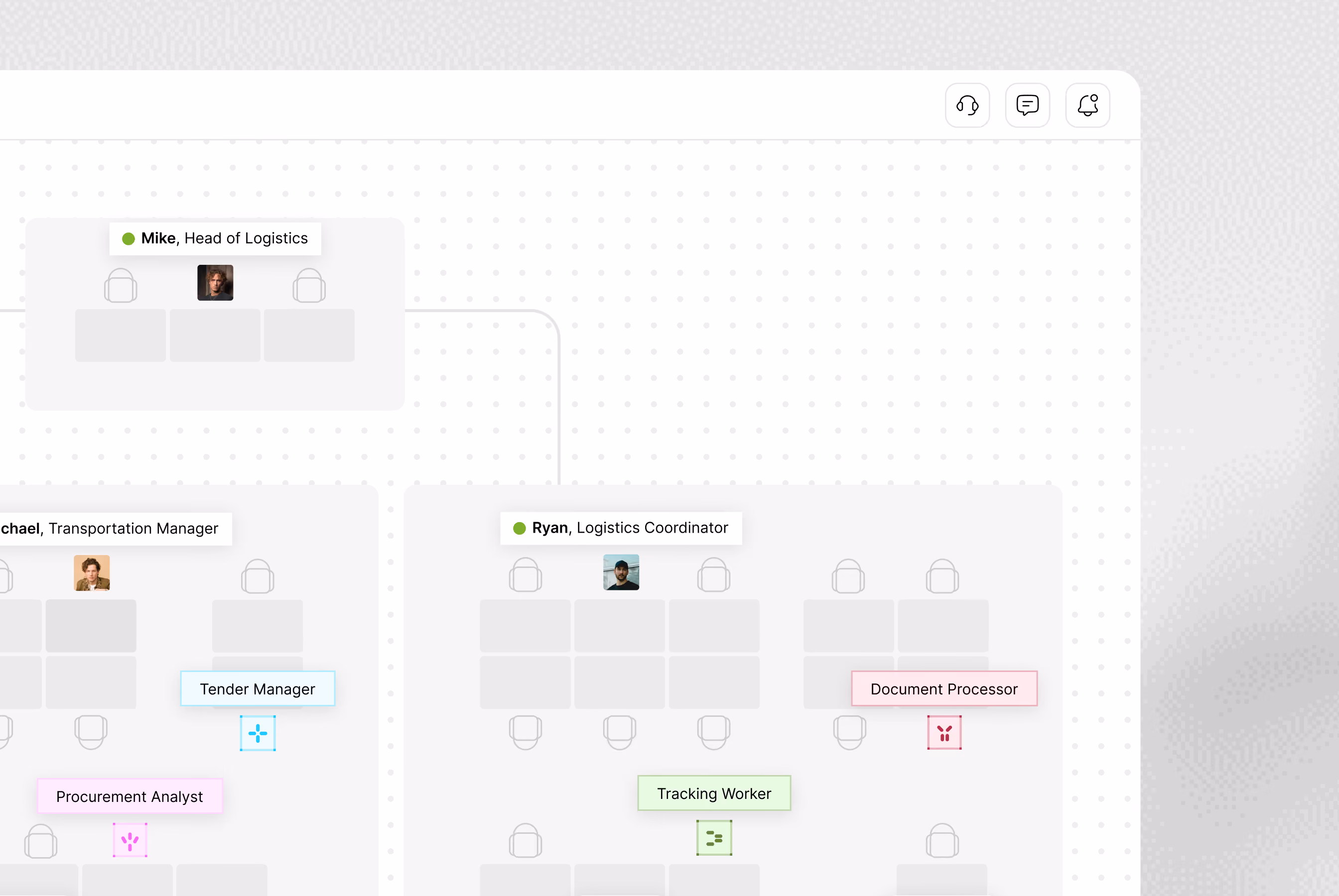 Partial organizational chart showing logistics team roles including Mike as Head of Logistics, Ryan as Logistics Coordinator, Michael as Transportation Manager, with positions for Tender Manager, Procurement Analyst, Document Processor, and Tracking Worker.