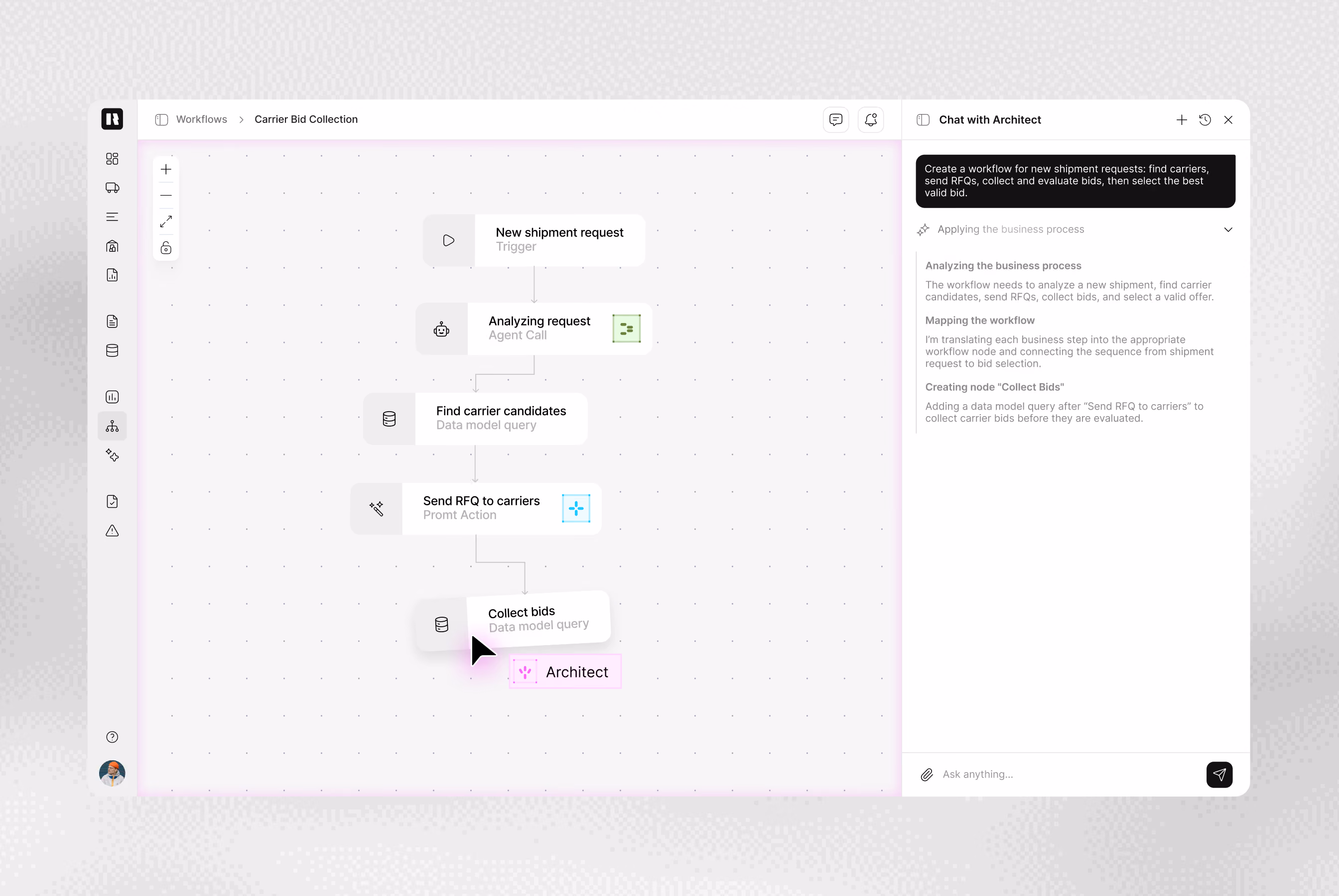 User interface of a workflow builder titled 'Carrier Bid Collection' showing a flowchart with steps: New shipment request, Analyzing request, Find carrier candidates, Send RFQ to carriers, Collect bids, with 'Collect bids' selected by the cursor labeled Architect; a chat panel on the right explains creating a workflow for new shipment requests to find carriers, send RFQs, collect and evaluate bids, highlighting business process stages.