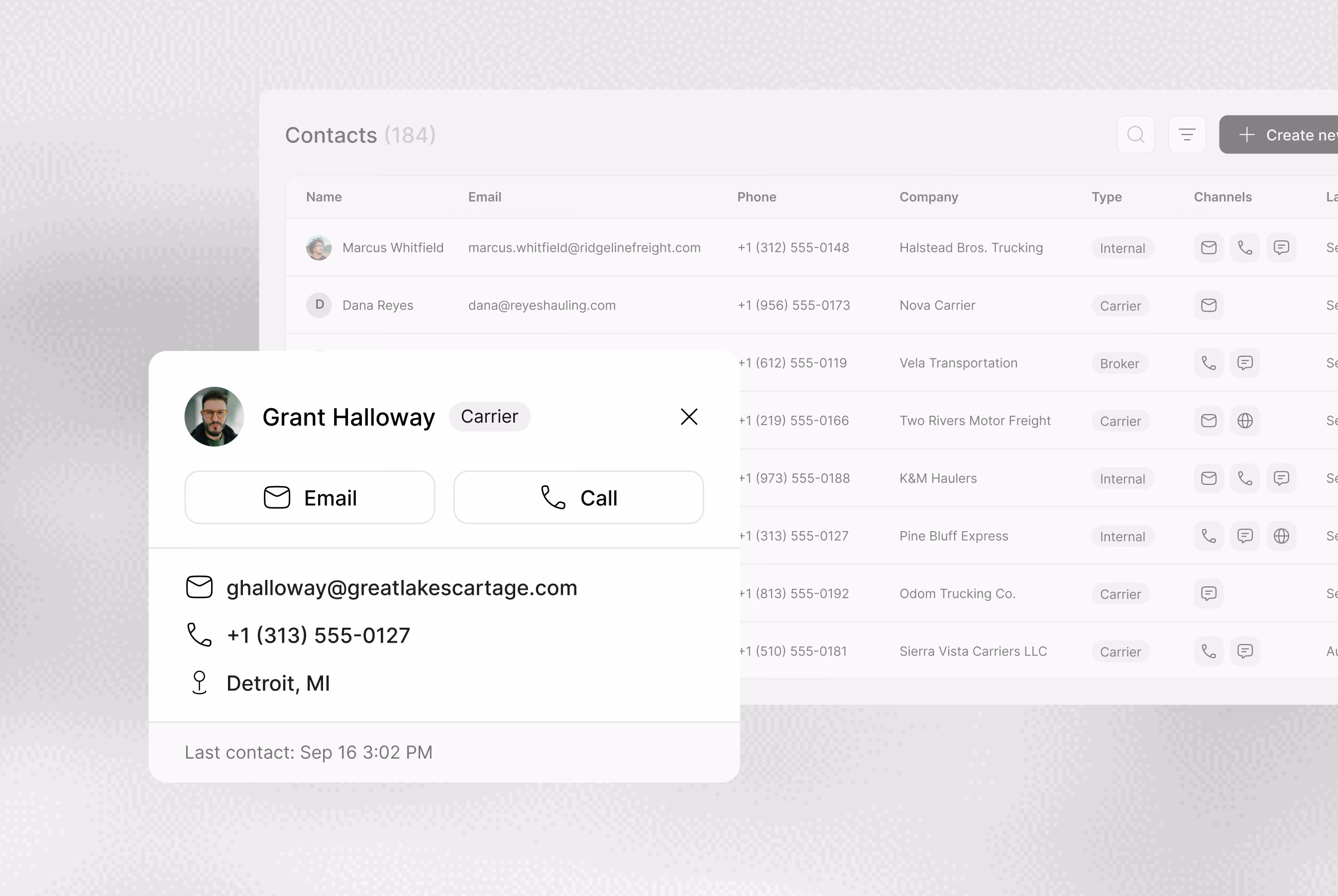 User interface showing a contacts list with names, emails, phone numbers, companies, types, and communication channels, with a popup detail for Grant Halloway, a carrier, displaying his email, phone number, and location in Detroit, MI, plus last contact date and buttons for Email and Call.