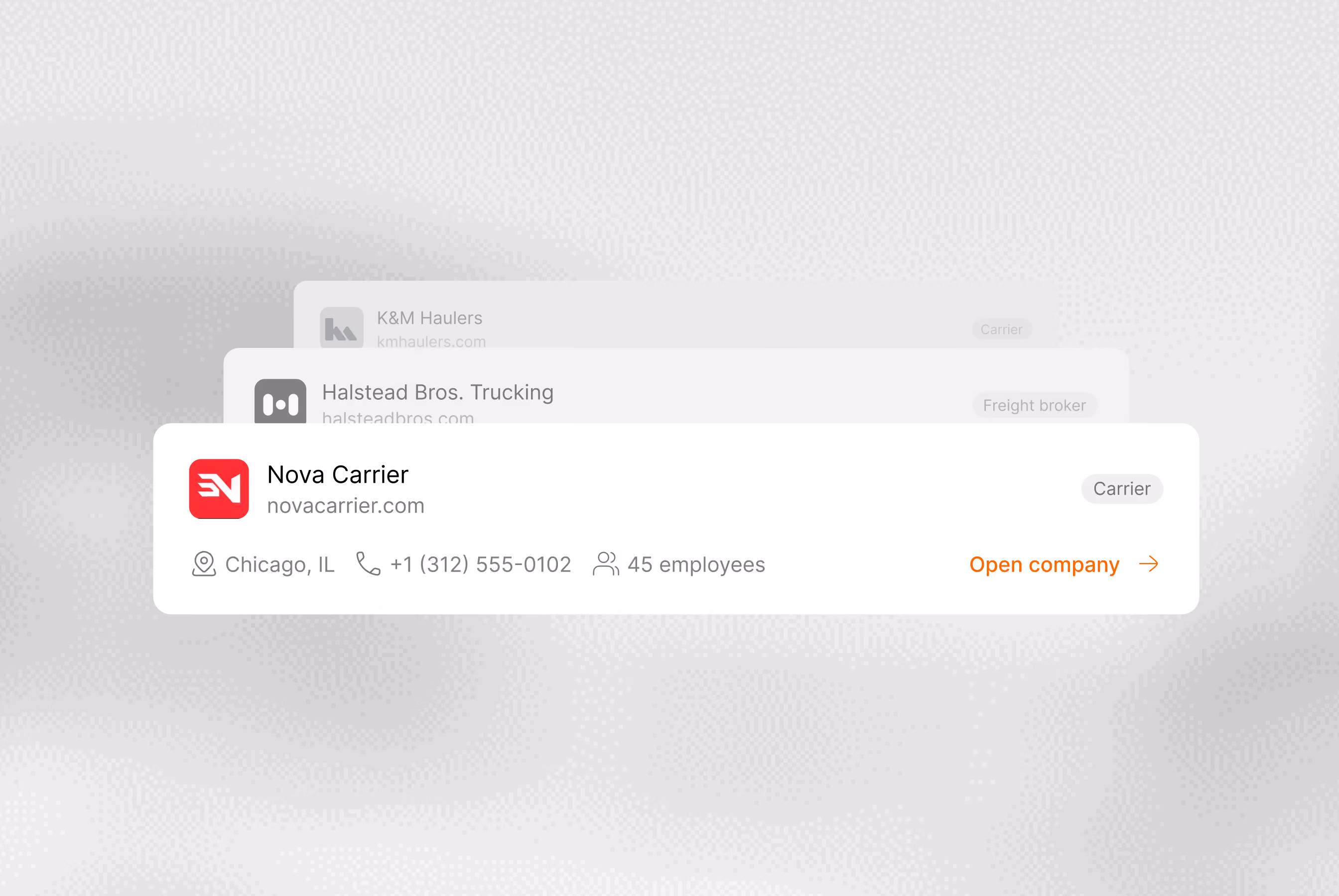 Business card interface for Nova Carrier, a carrier company located in Chicago, IL, with phone number +1 (312) 555-0102 and 45 employees, featuring a red and white logo and a link to open company details.
