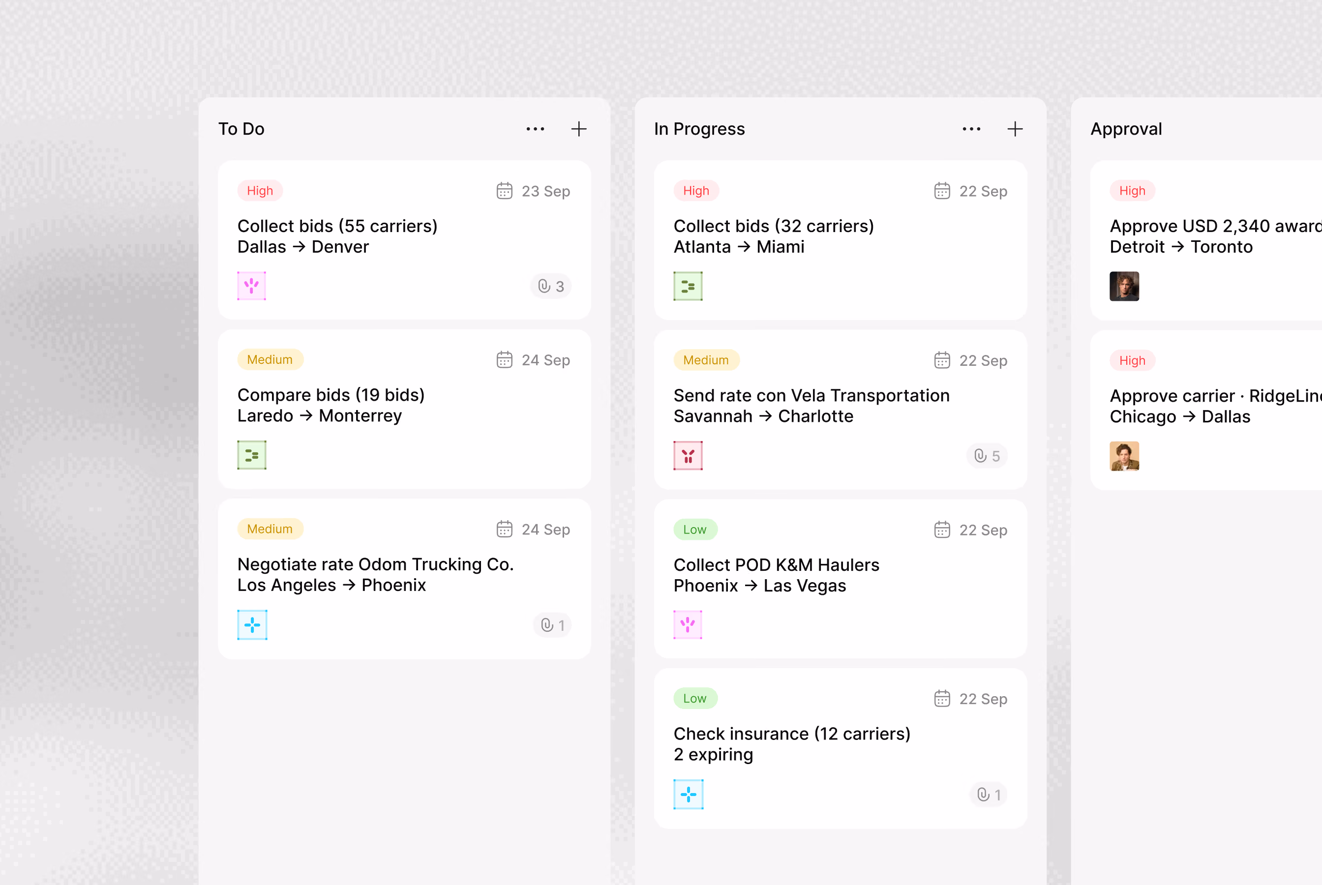 Task management board with three columns labeled To Do, In Progress, and Approval, listing logistics tasks with priority tags (High, Medium, Low), due dates, and route details between cities across the US and Canada.
