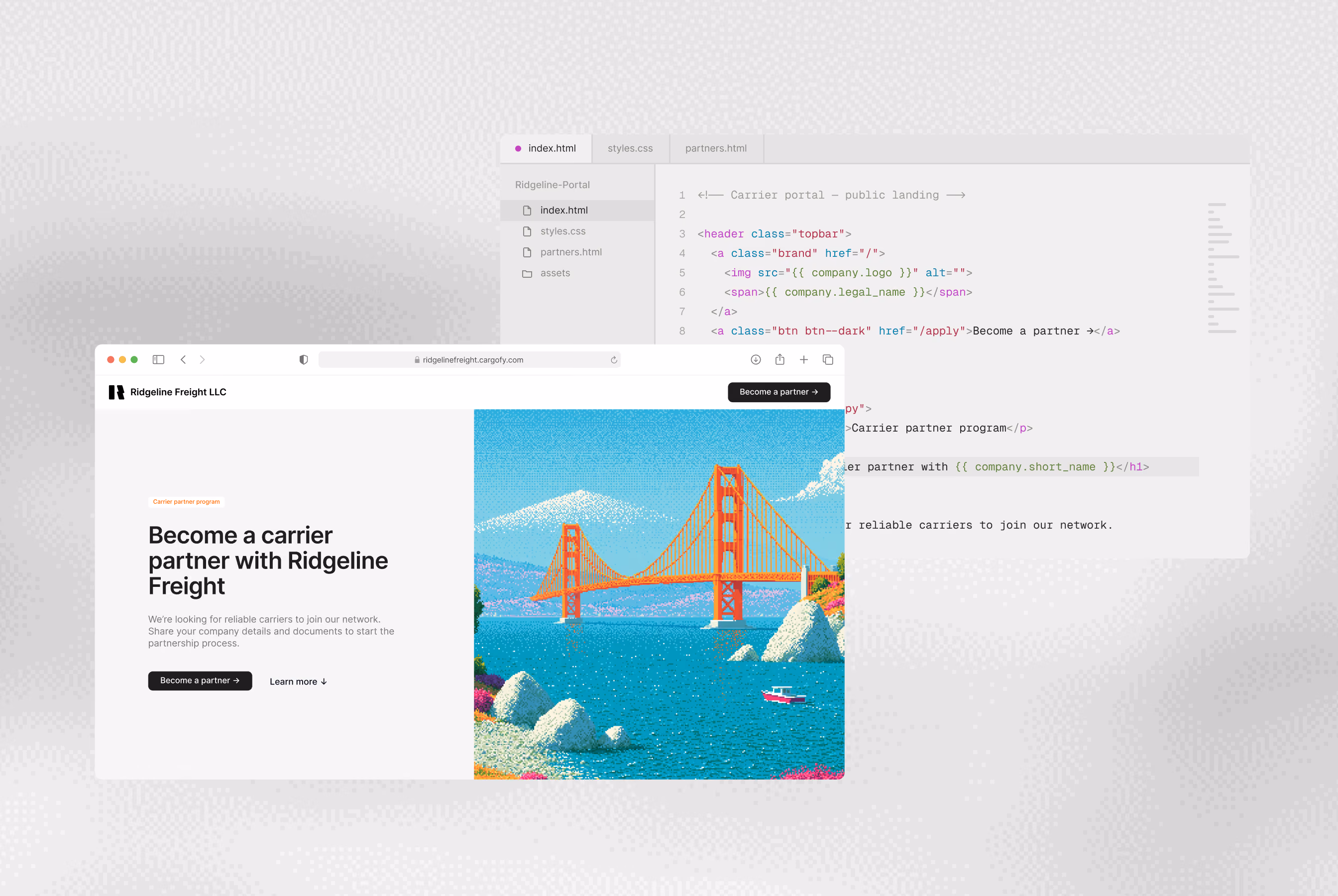 Screenshot of a webpage browser window with Ridgeline Freight LLC header, showing a call to action to become a carrier partner with Ridgeline Freight, alongside a colorful illustration of a bridge over water with boats and rocky landscape. In the background, faint code editor windows display HTML and CSS files named index.html, styles.css, and partners.html with code for the portal webpage.