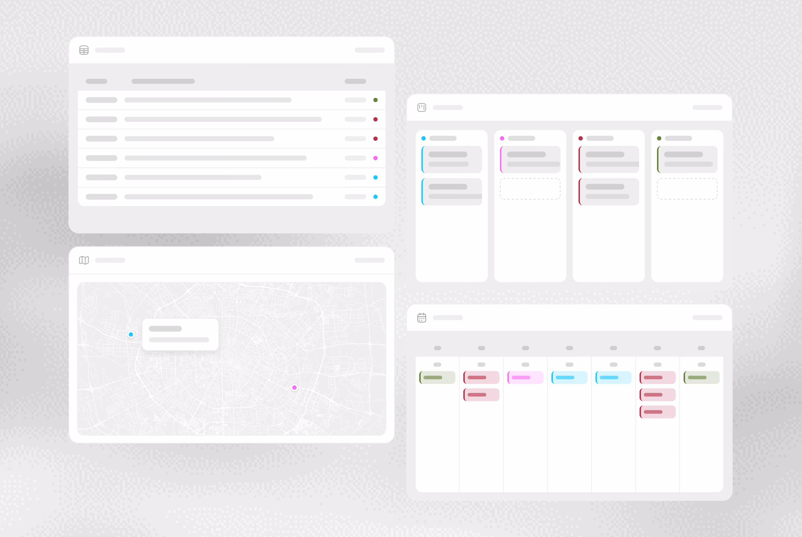 Four user interface panels displaying a task management dashboard with a task list, a calendar with colored event tags, a map with location markers and a popup, and a multi-column task board with categorized task cards in blue, pink, green, and red.