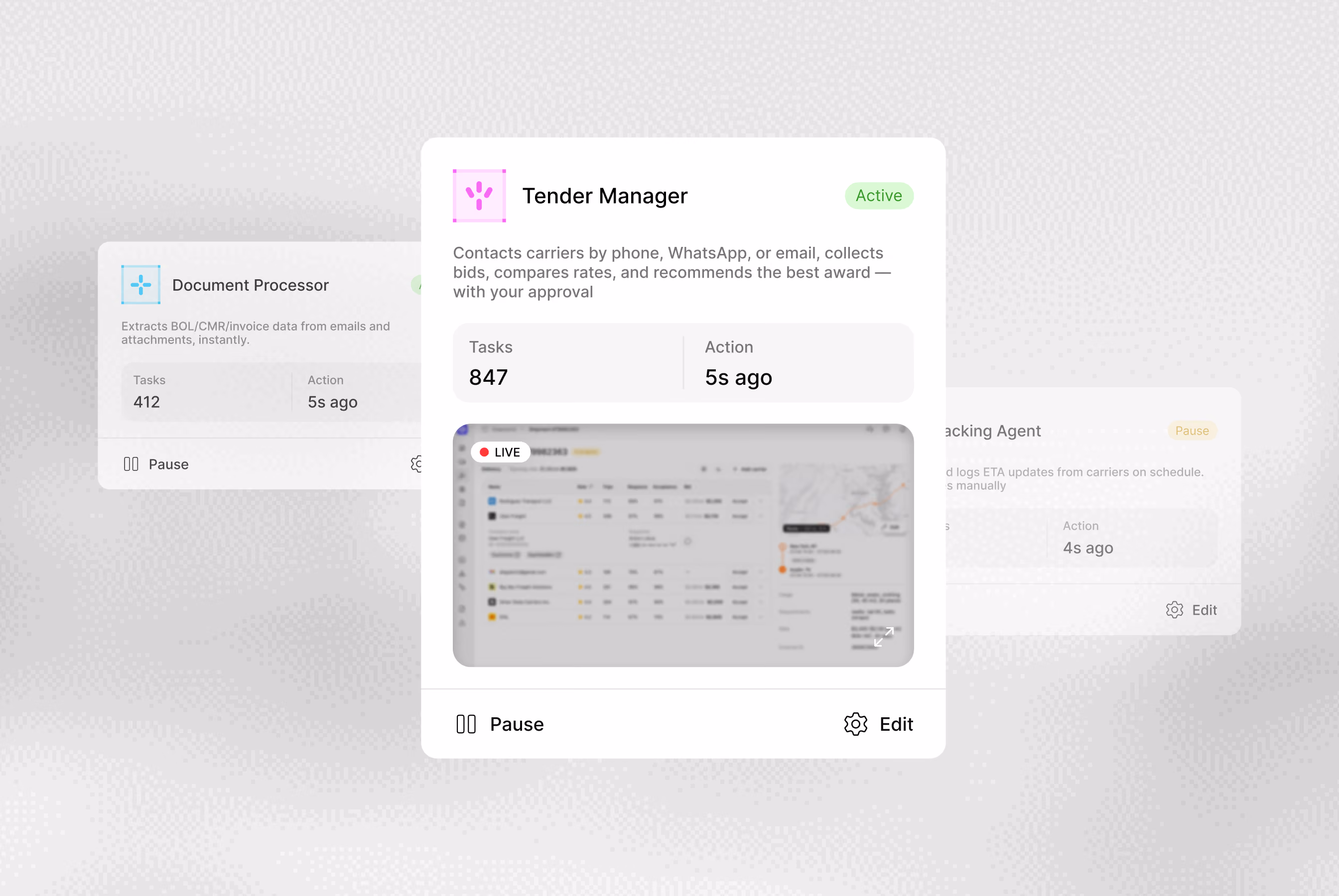 User interface showing three software modules: Document Processor extracting data from emails, Tender Manager contacting carriers via phone, WhatsApp, or email and recommending best awards, and a Tracking Agent logging ETA updates. The Tender Manager module is active with 847 tasks, last action 5 seconds ago, showing a live tracking screen with a pause and edit option.