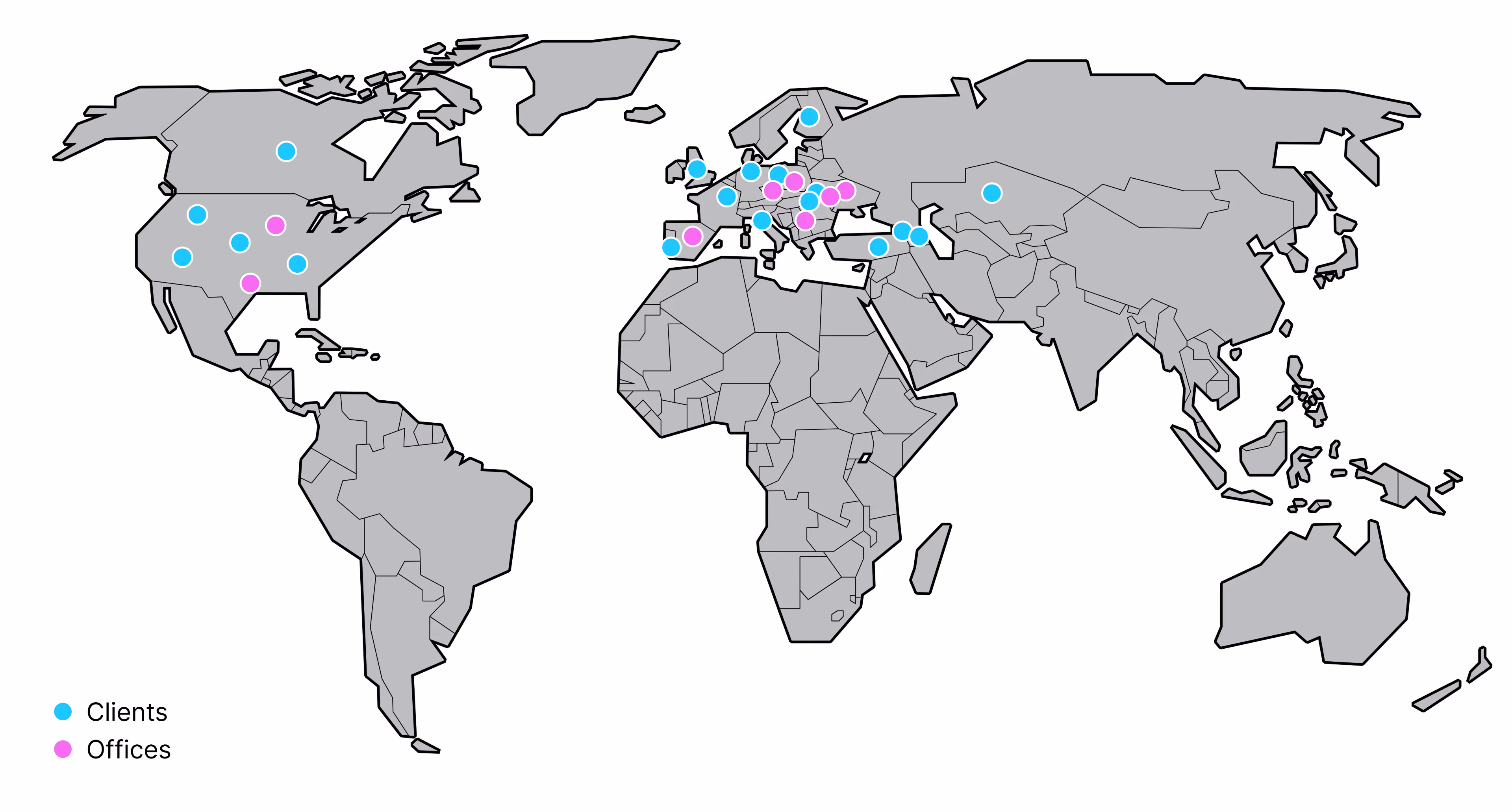 World map showing locations of clients and offices: Clients marked with blue dots mainly in North America, Europe, and some in Central Asia; Offices marked with pink dots clustered in the US Midwest, Central Europe, and Western Europe.