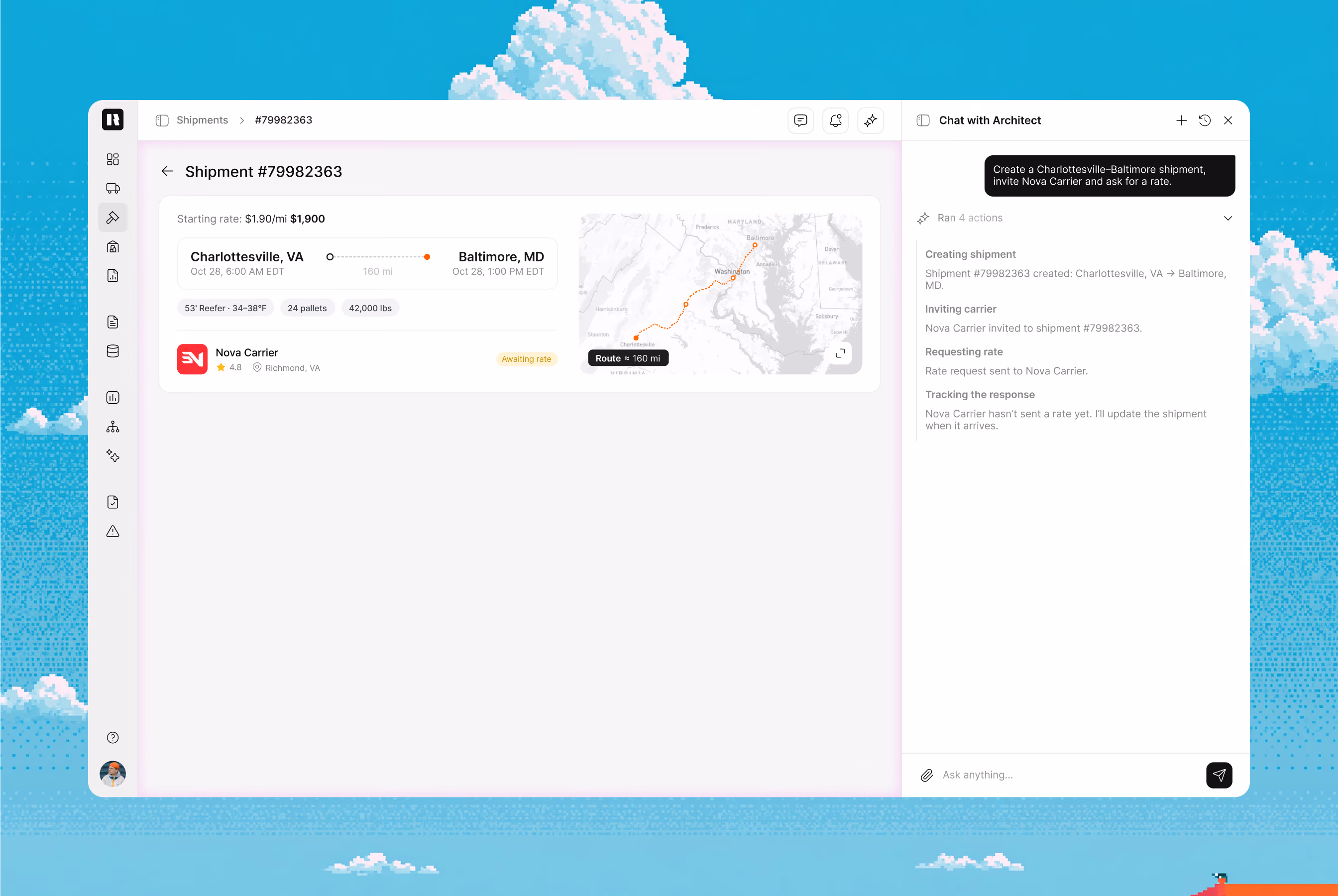 Shipment request workflow with carrier search, quote requests, bid collection and a condition.
