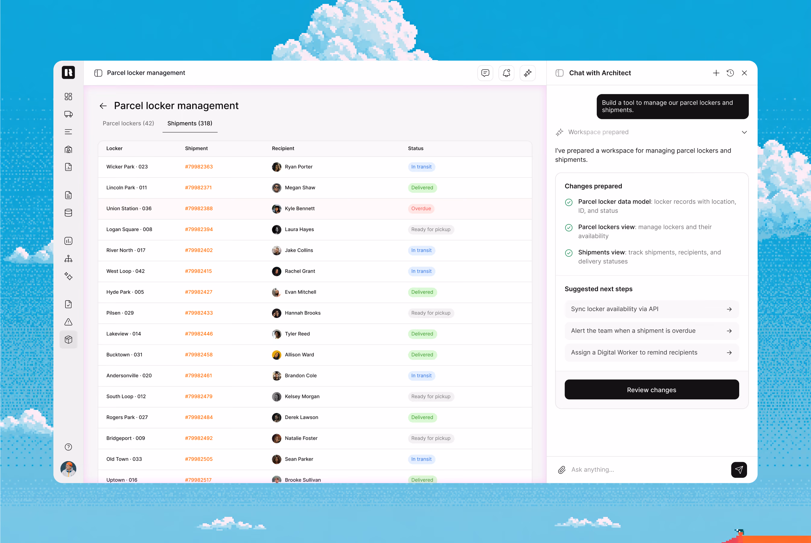 Architect chat with a request to find loads for available trucks and connected communication channels.