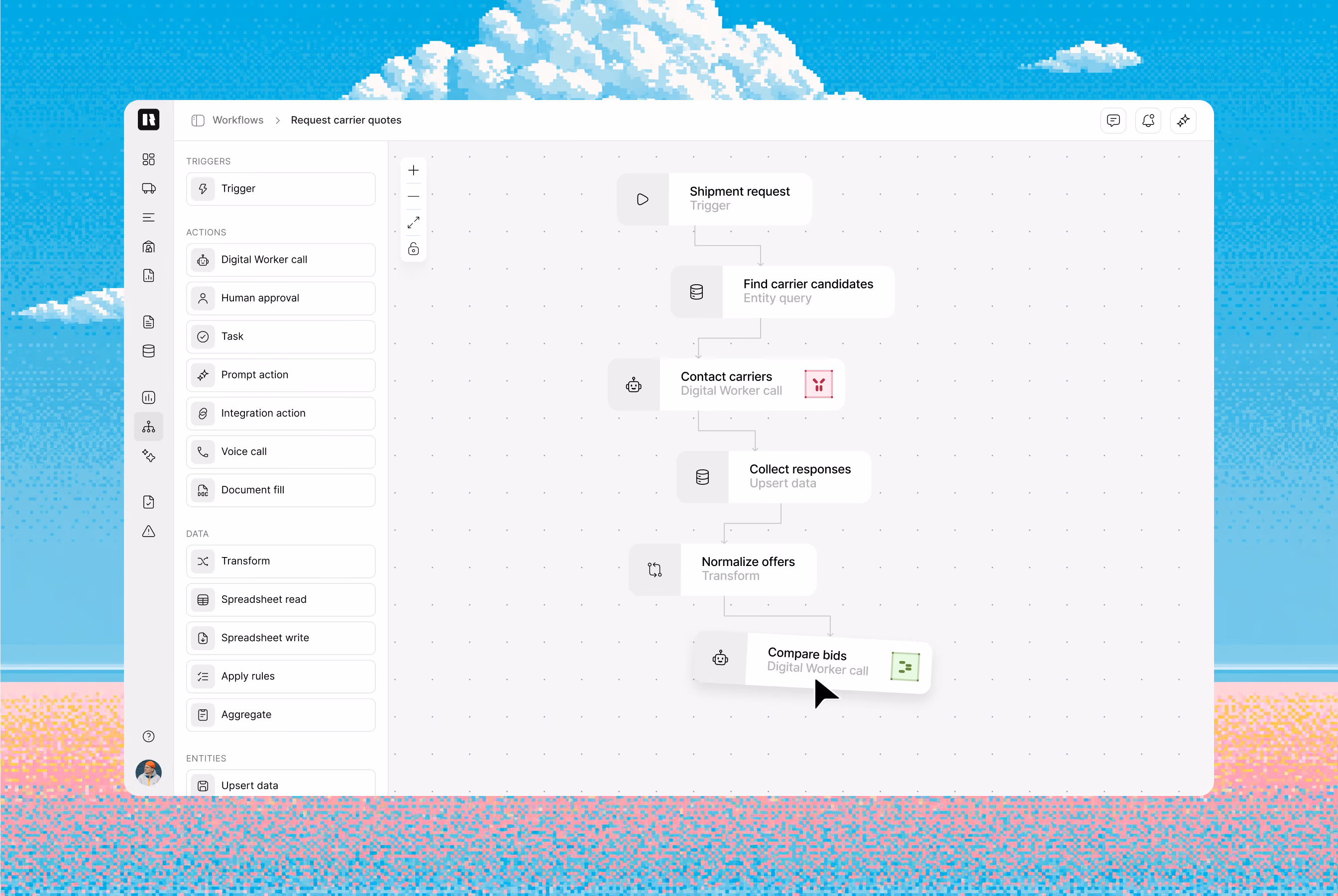Workflow builder showing connected actions and an Architect configuration panel.