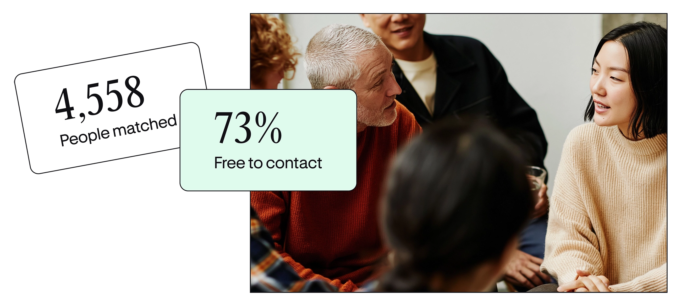 People talking with product card callouts
