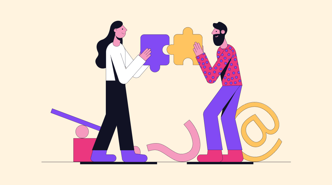 a man and a woman holding a puzzle piece together