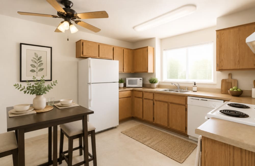 Kitchen staged with dining table and appliances