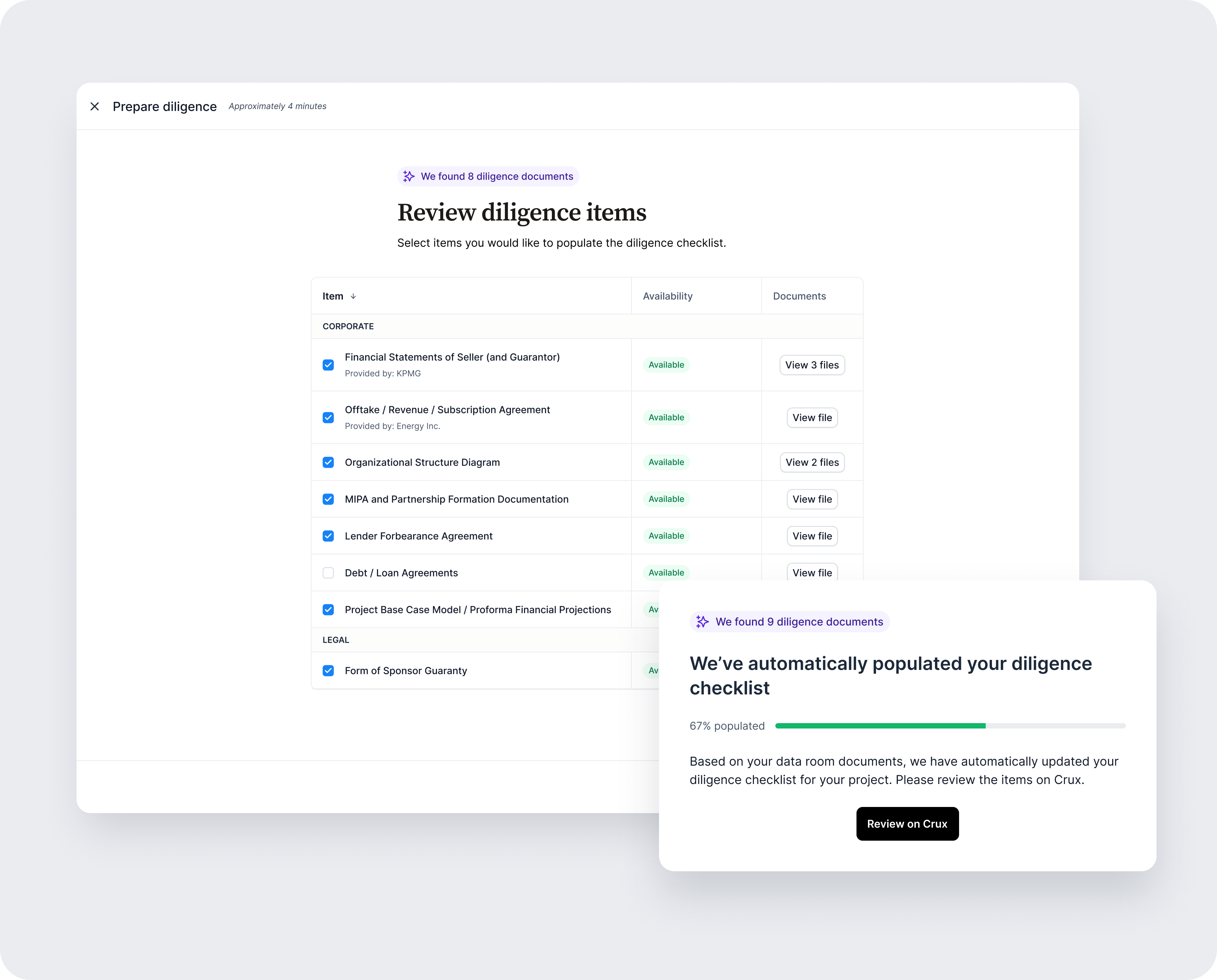 Screenshot of the Crux platform showing the diligence checklist