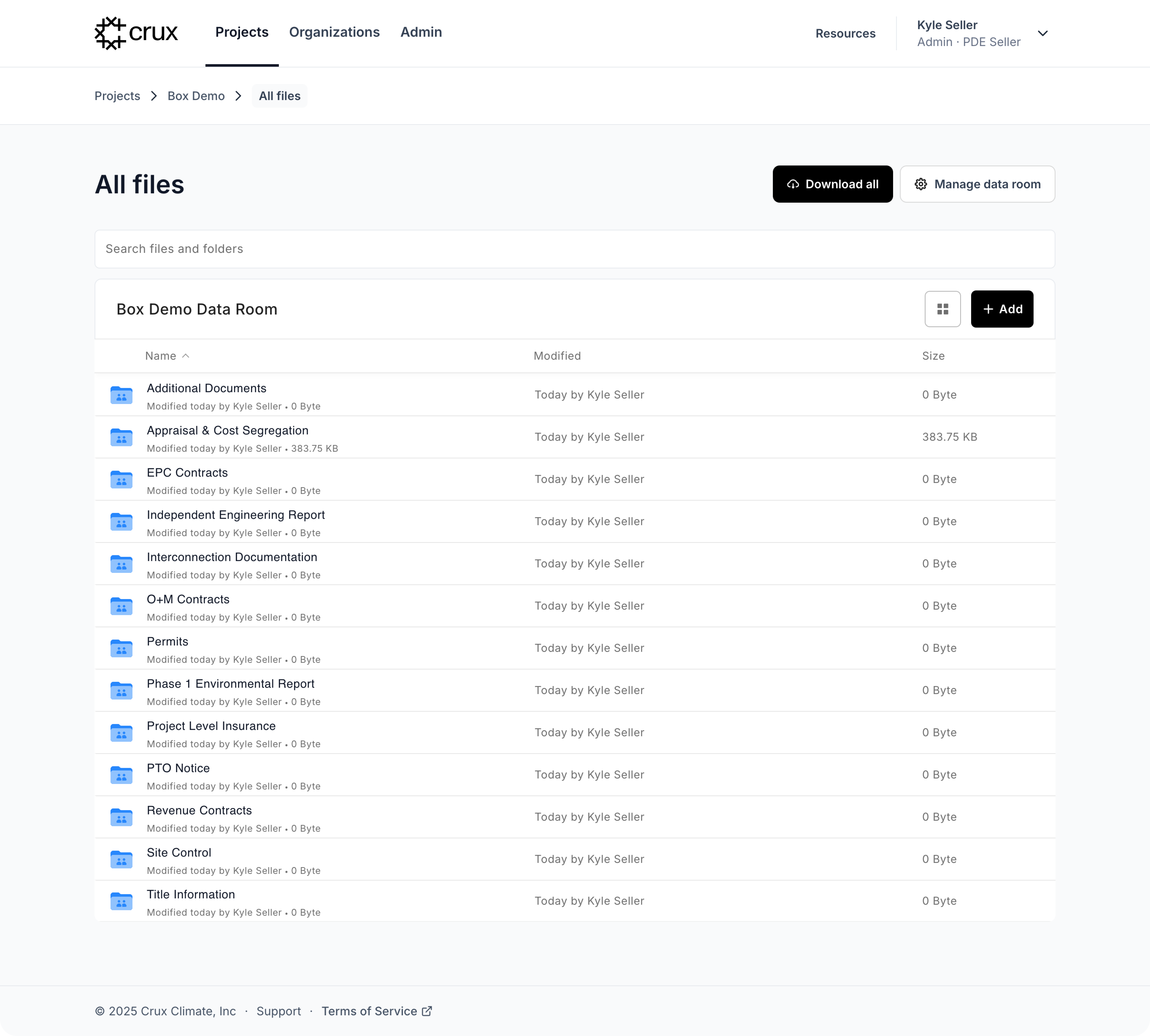 Image of the Crux data room with information and due diligence items from a developer