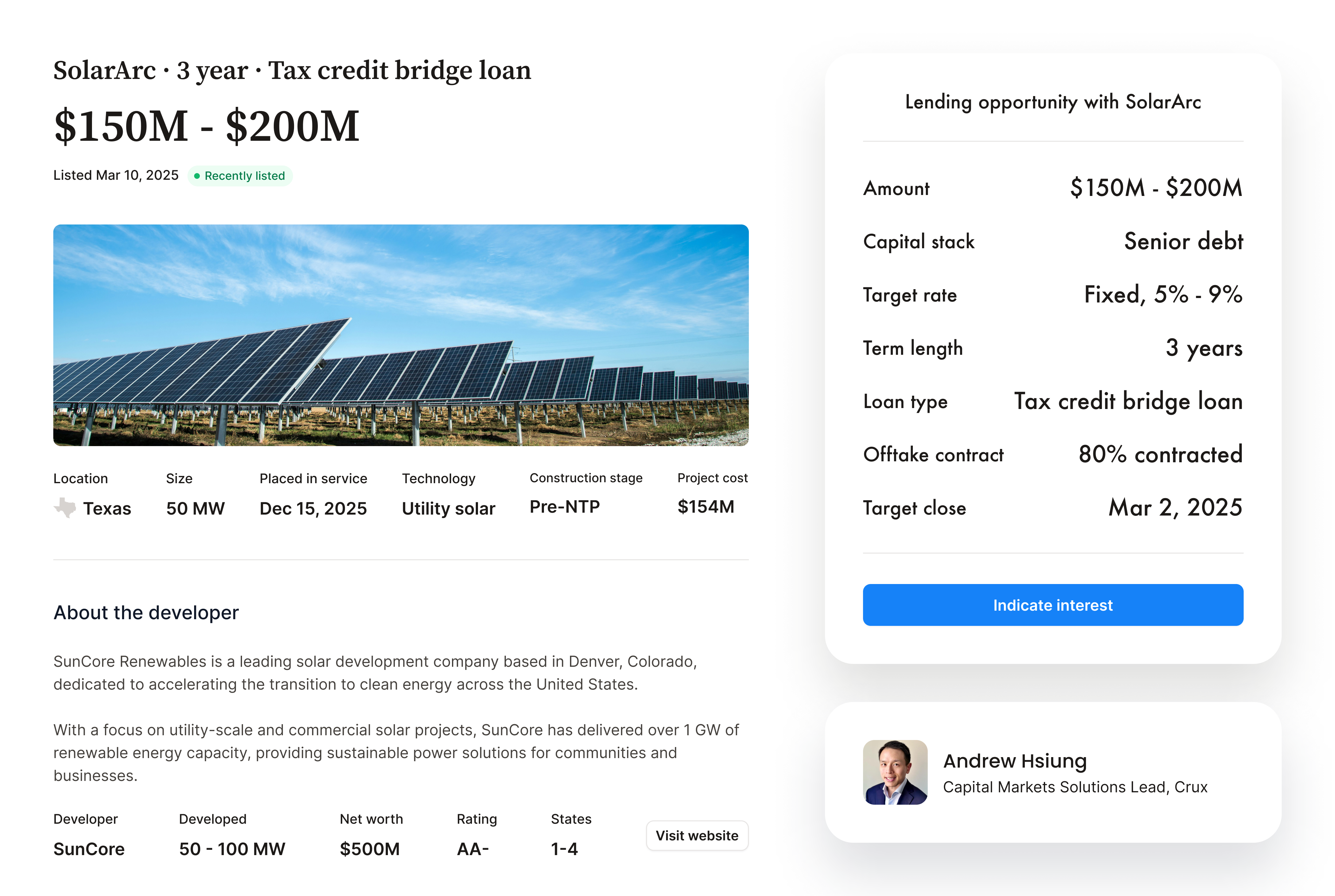 Image of a listing for a tax credit bridge loan on the Crux platform
