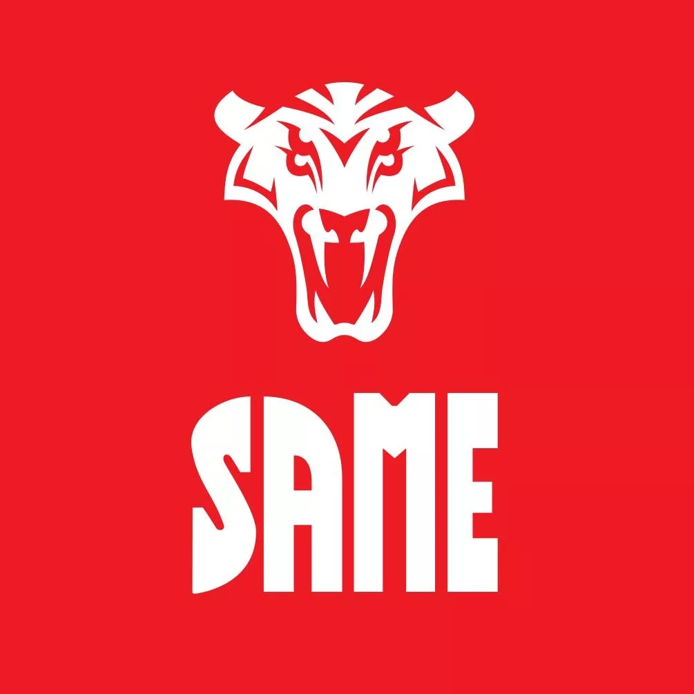 The SAME Tractors logo in red block with white logo elements.