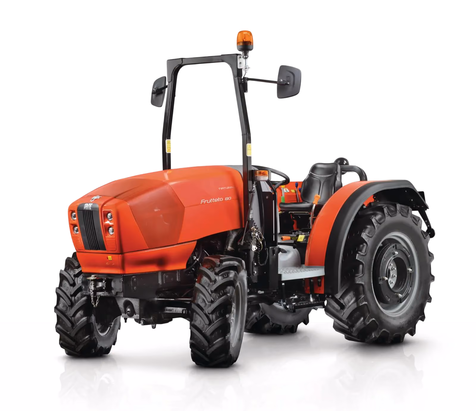 Red Frutteto 80 tractor with large rear tires and open driver seat with roll bar and orange beacon.