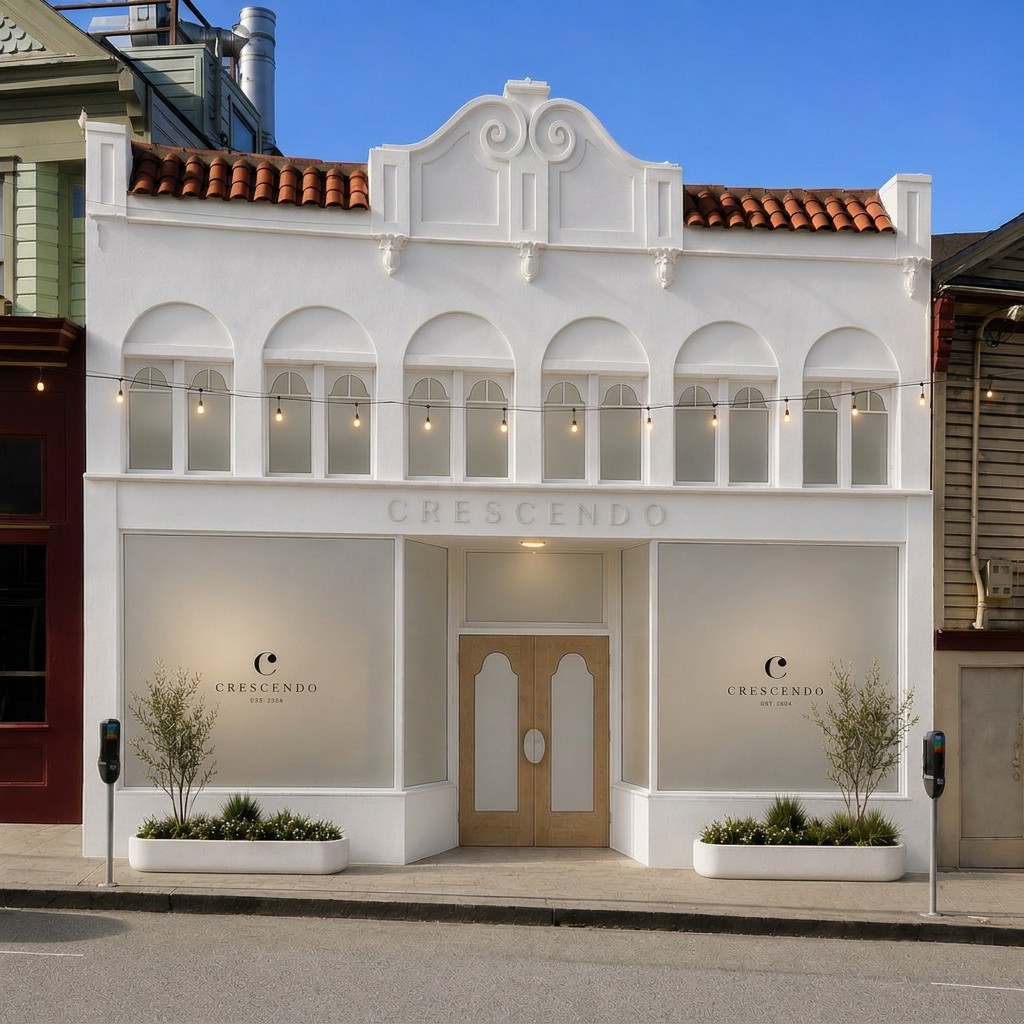 Crescendo Music Studios storefront in San Francisco with arched windows and string lights.
