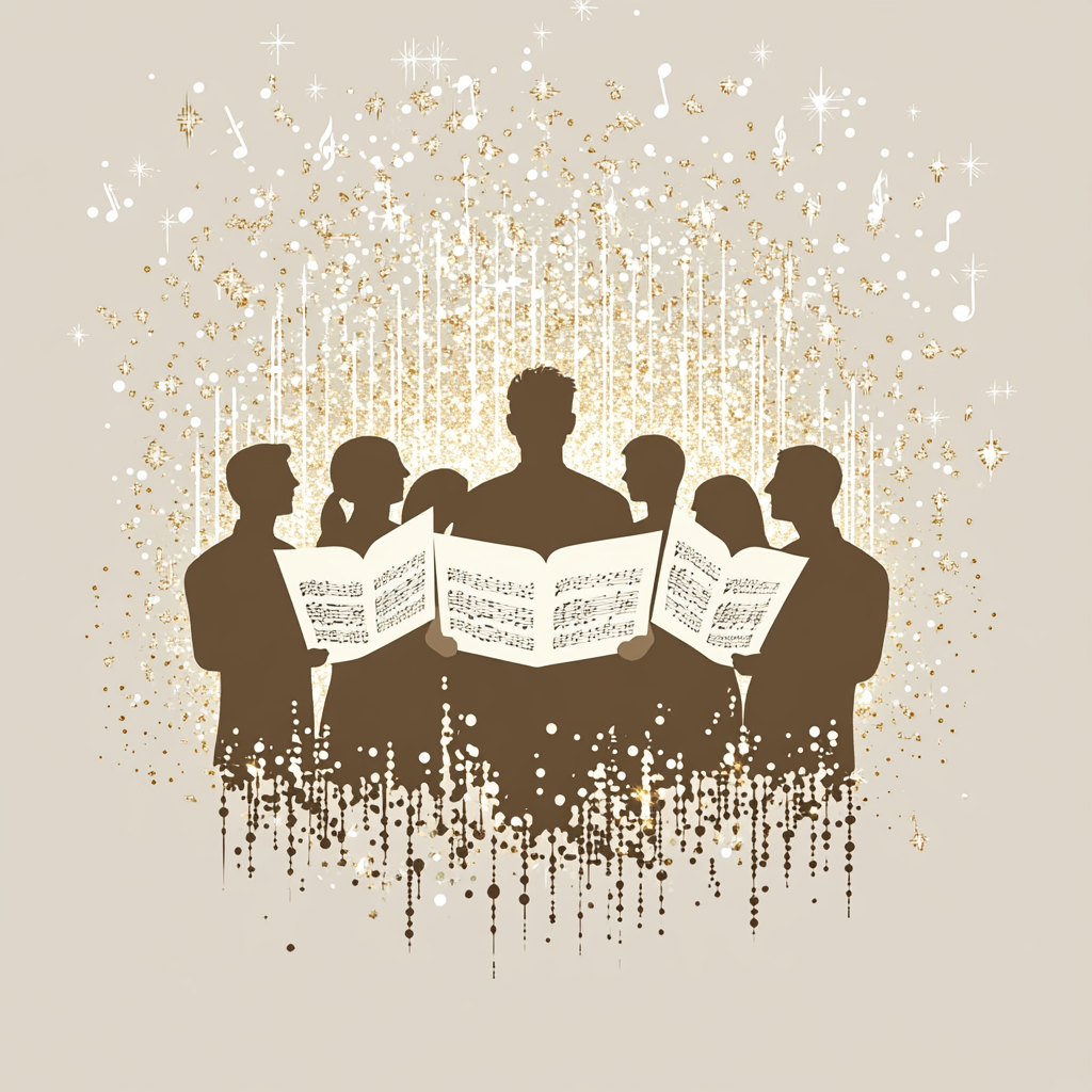 white silhouettes of an adults' choir on a solid light beige background surrounded by sparkles of notes and gold facing us Holding a white musical score