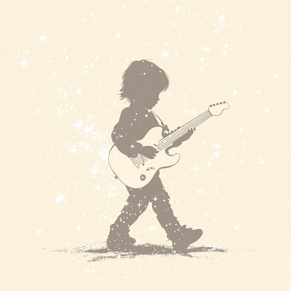 a white silhouette of a child playing guitar on a solid light beige background surrounded by sparkles