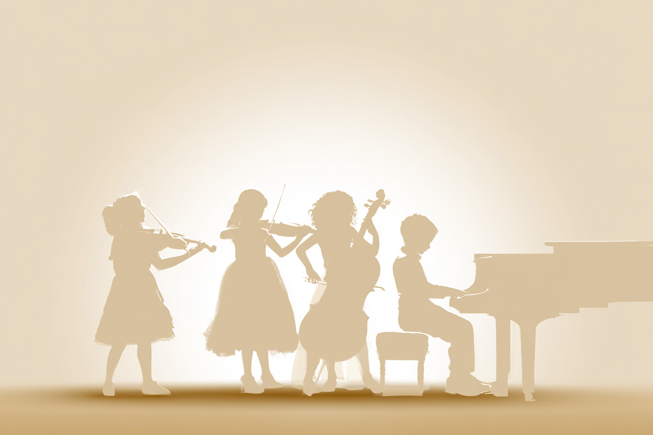 Kids playing string instruments together in a chamber ensemble class at Crescendo Music Studios, Glen Park, San Francisco