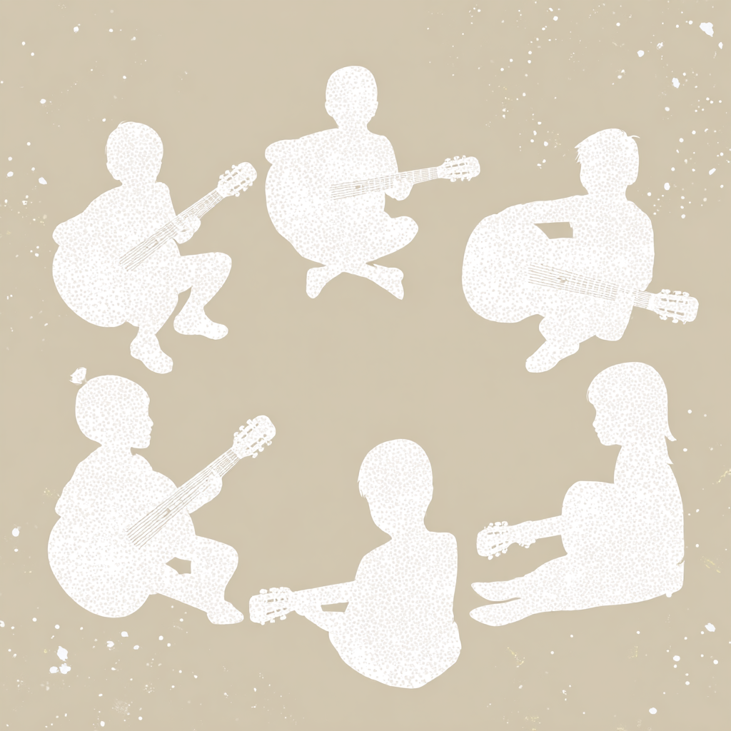 Children playing acoustic guitars together in a beginner group guitar class