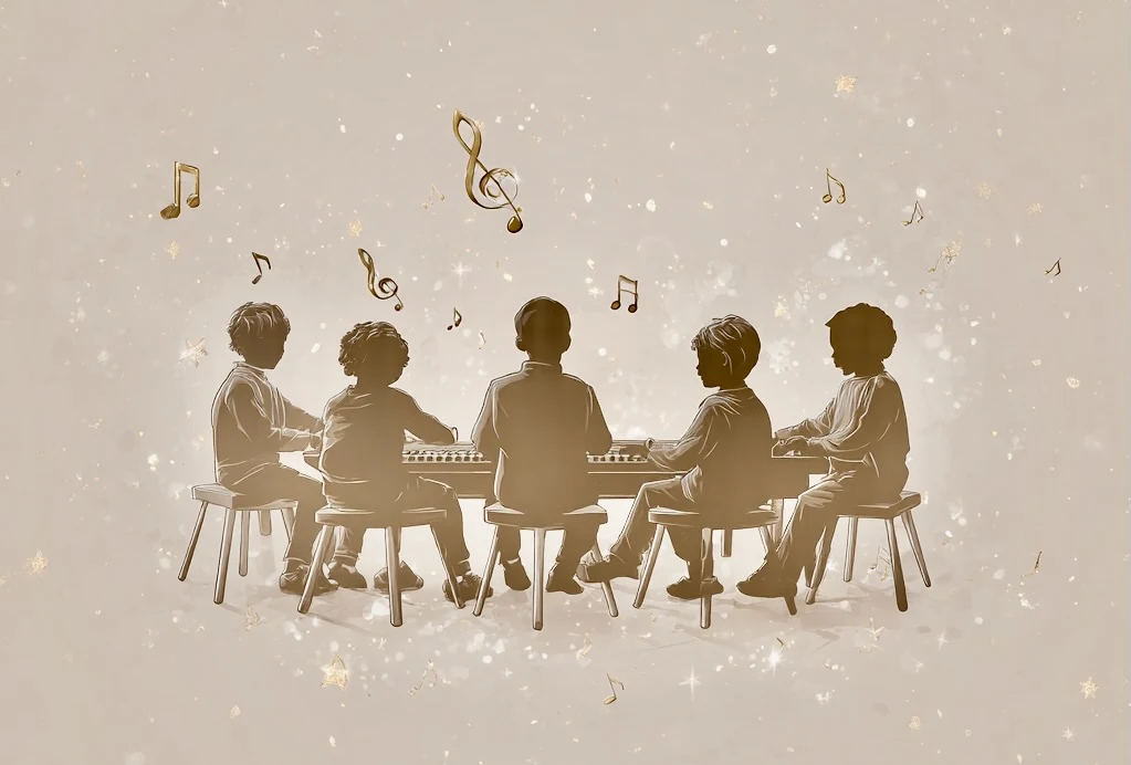 Five young children sitting side by side at a keyboard in a beginner group piano class at Crescendo Music Studios