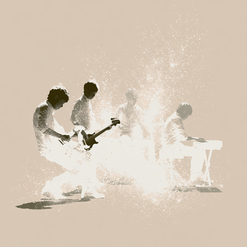 Kids playing guitar and drums together in a rock band class