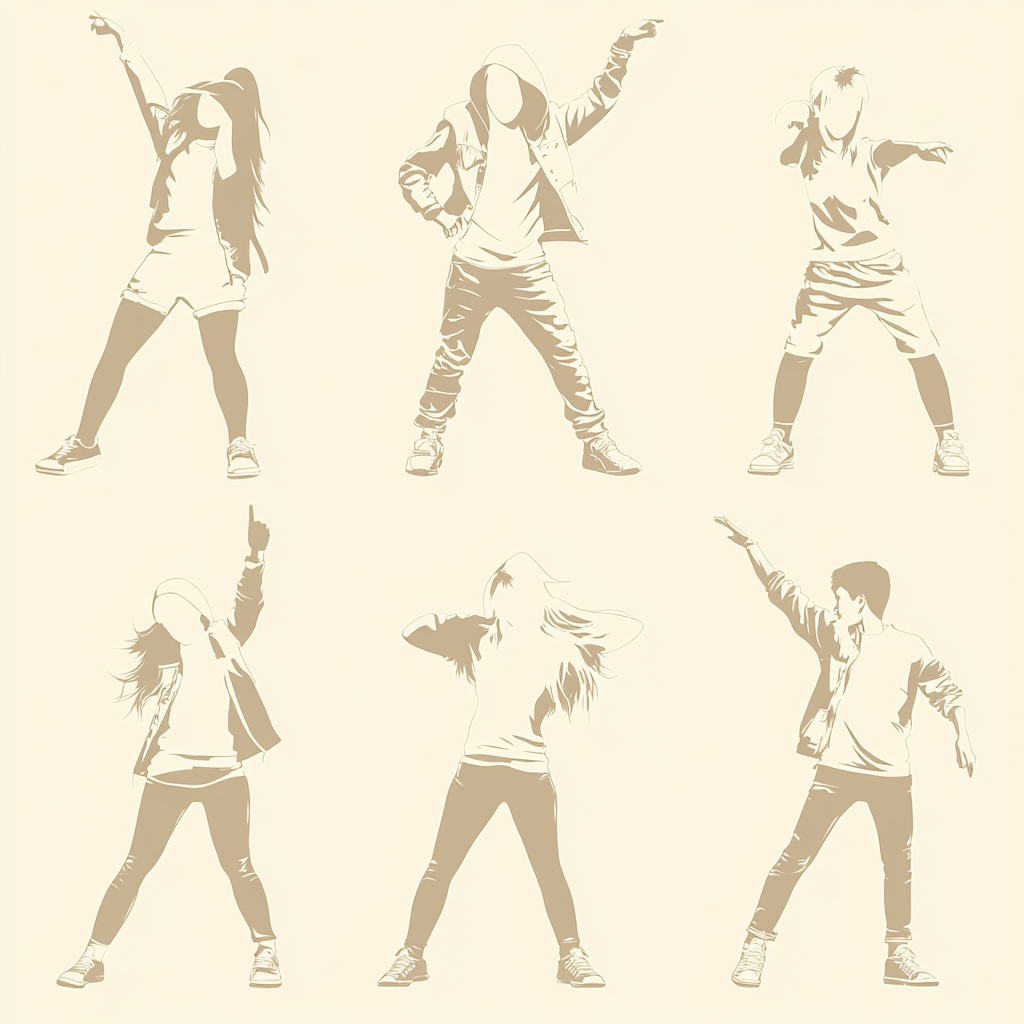 white silhouettes of boys and girls doing hip hop with hip hop outfits on a solid light beige background surrounded by sparkles