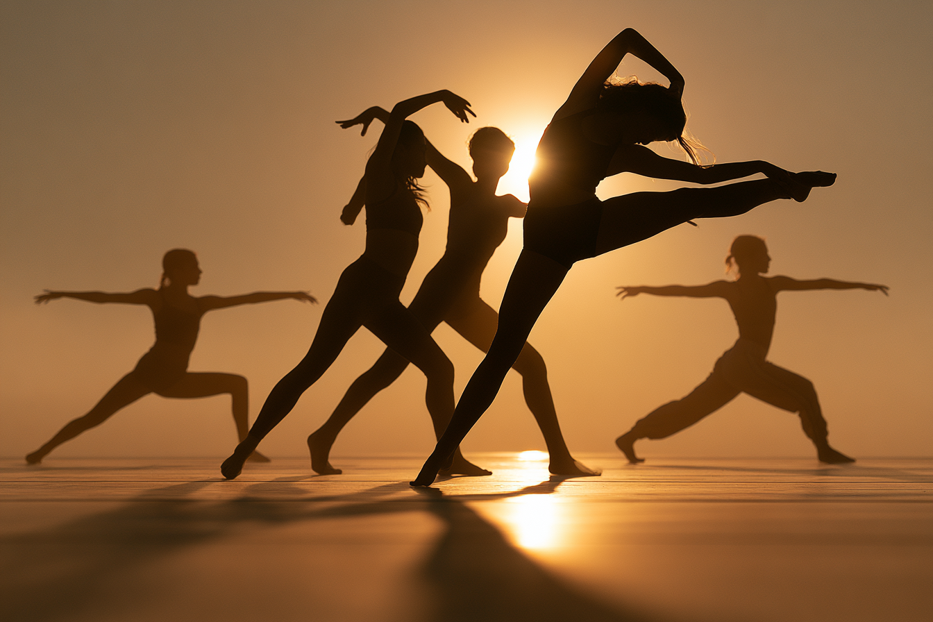 Teen dancers in silhouette leaping and stretching in a modern jazz class
