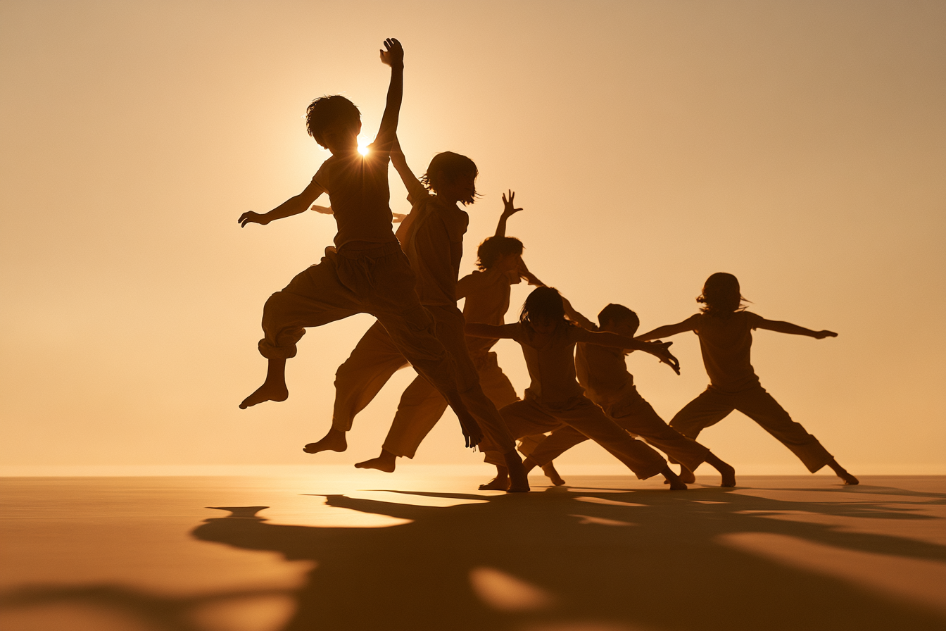 Young dancers in silhouette leaping across the floor in a modern jazz class
