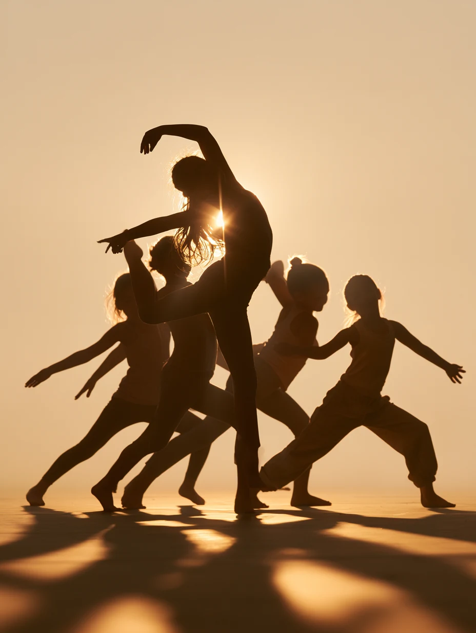 Little kids in silhouette dancing together in a row in a creative dance class
