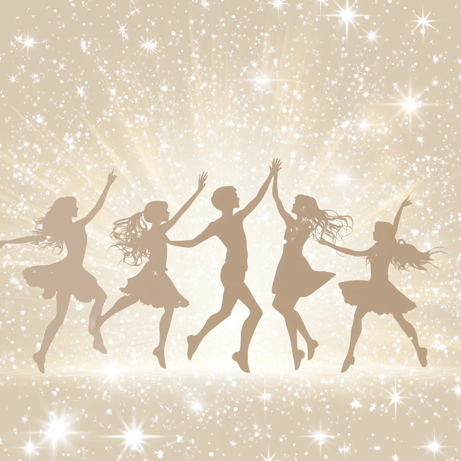 white silhouettes of boys and girls doing musical theater on a solid light beige background surrounded by sparkles