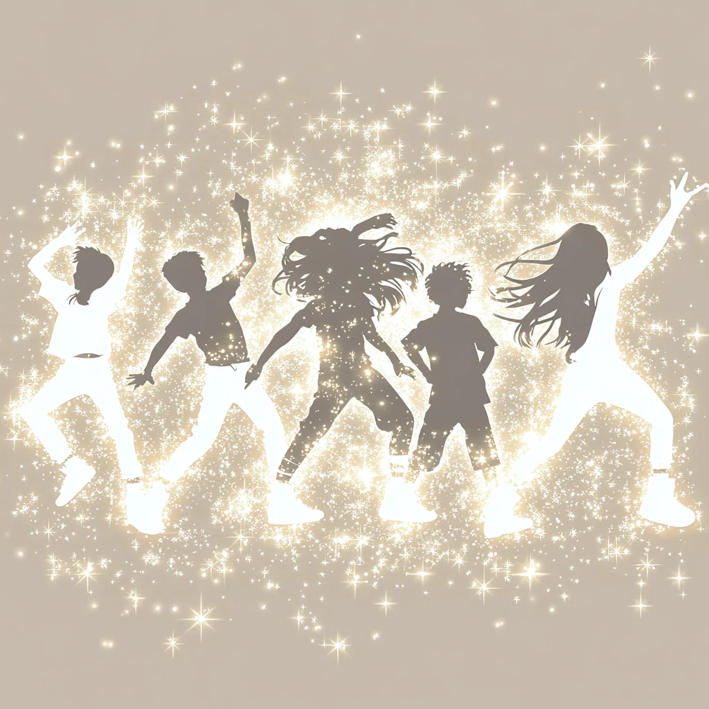Teens dancing in silhouette surrounded by sparkling light in a hip hop class