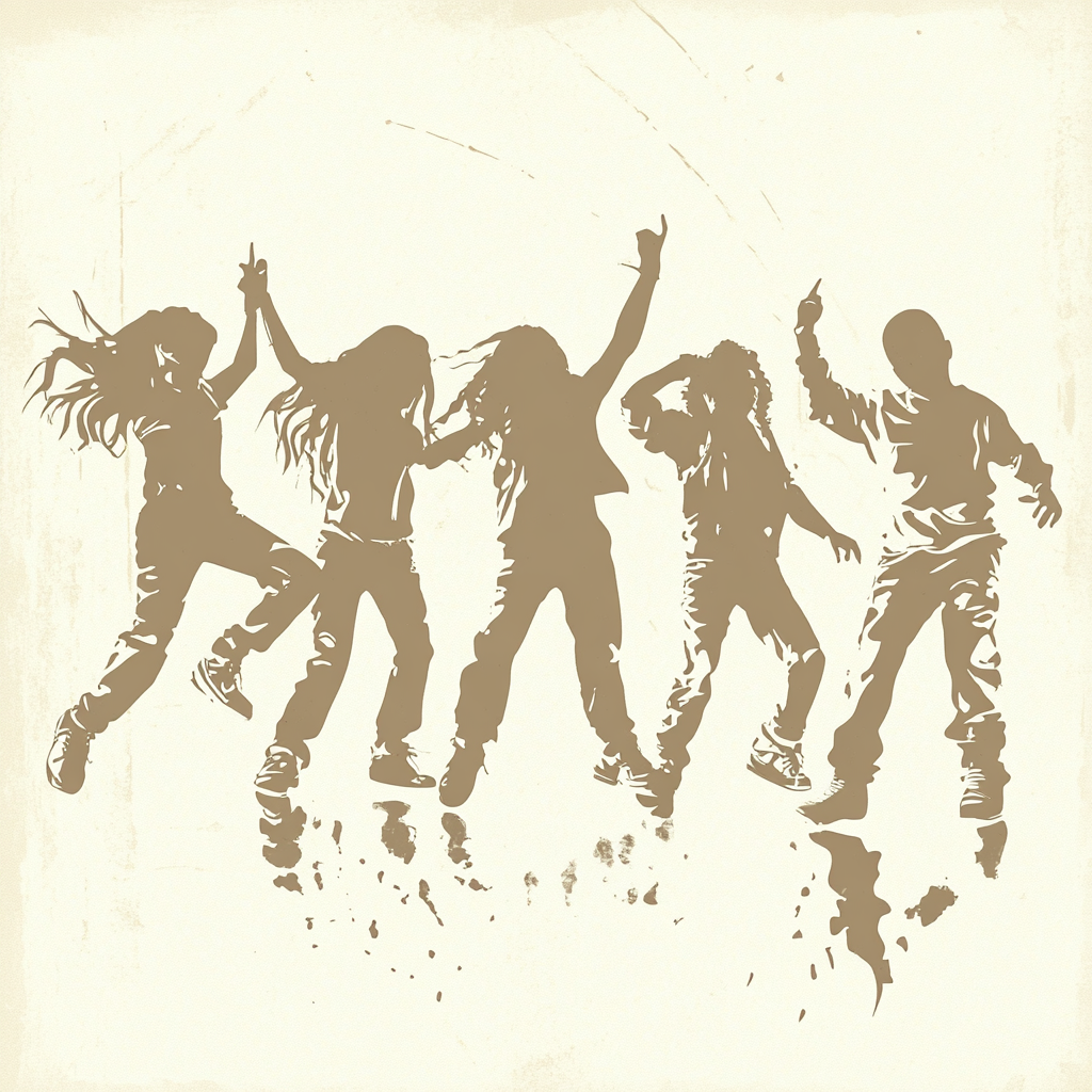 Group of kids mid-jump in silhouette with arms raised in a hip hop dance class