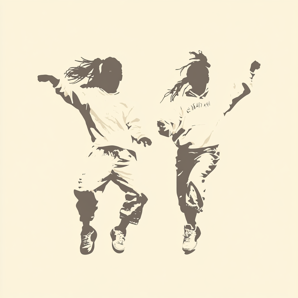 white silhouettes of boys and girls doing hip hop with hip hop outfits on a solid light beige background surrounded by sparkles