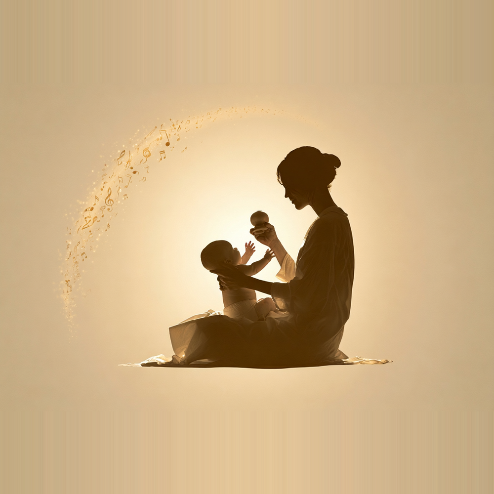 white silhouettes of babies playing white instruments like a white xylophone, white djembe, white tambourine, and white flute on a solid light beige background, surrounded by sparkling effects, minimalist and elegant composition, marimbas lined up in rows