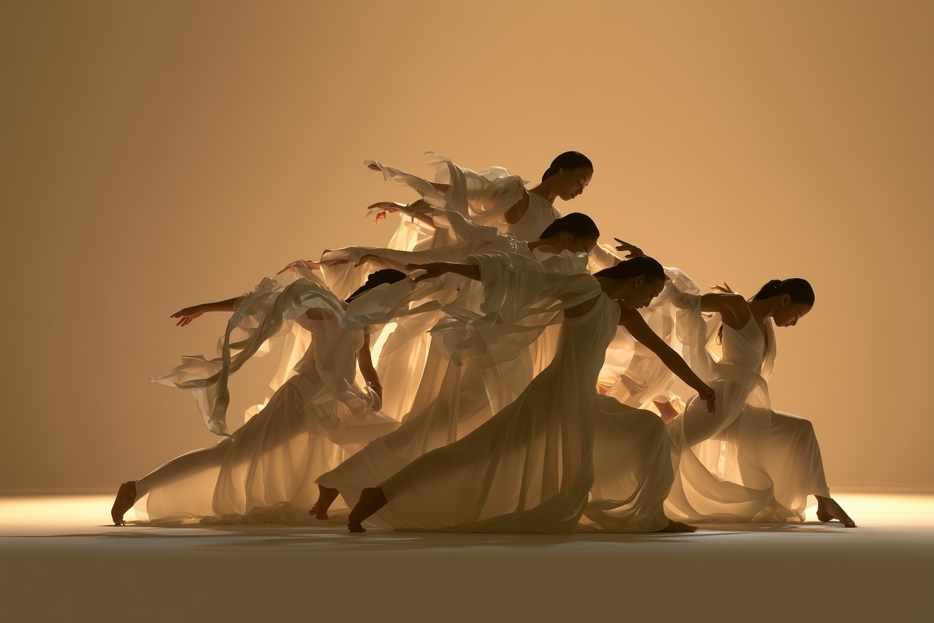 Young dancers in silhouette leaping across the floor in a contemporary dance class