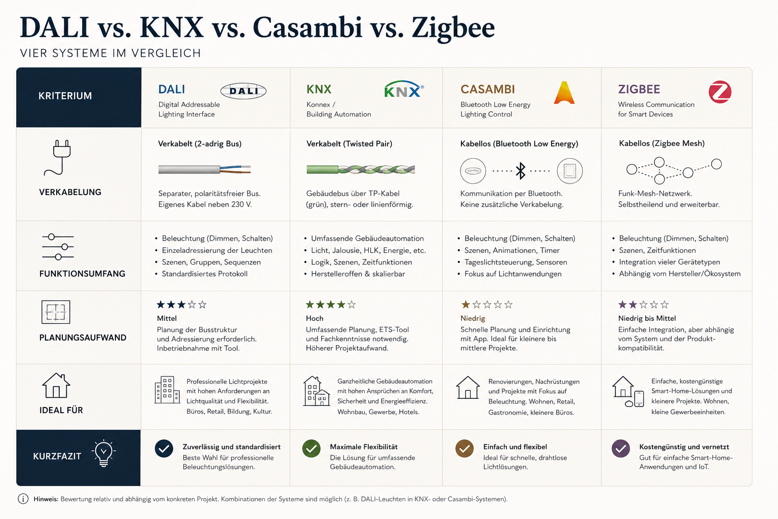 Vergleich DALI, KNX, Casambi und Zigbee