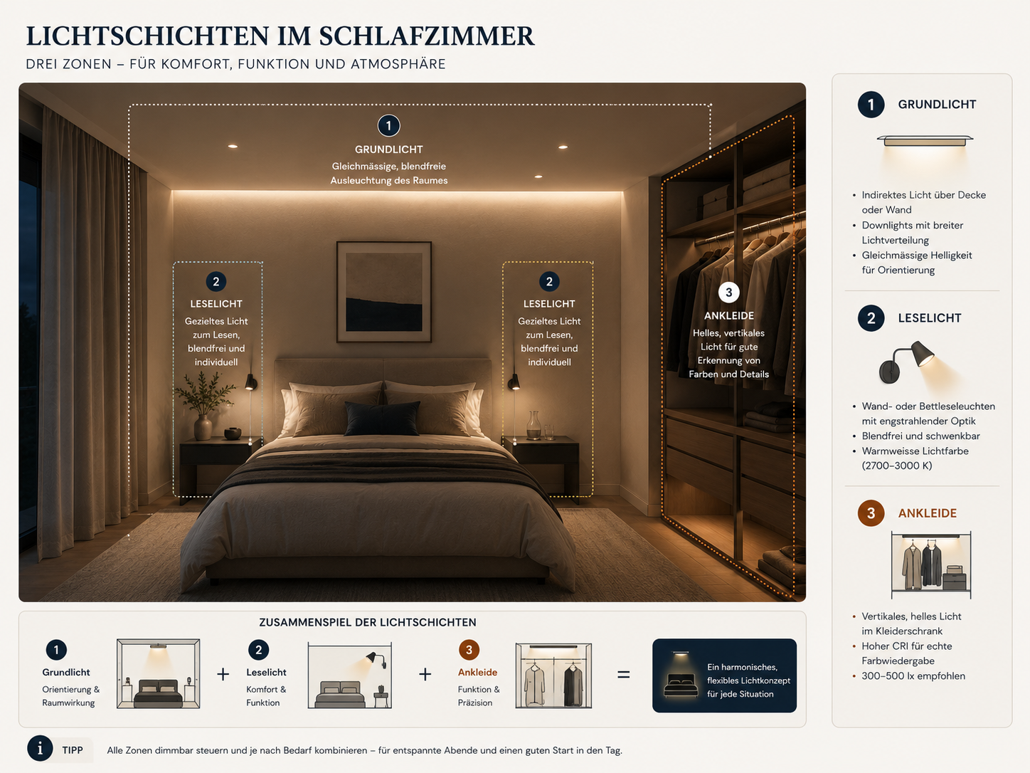 Lichtschichten und Zonen im Schlafzimmer