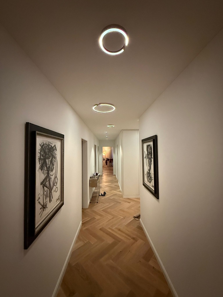 Gang der Attikawohnung Uster mit grossen Occhio-Ringleuchten, die das ursprüngliche Downlight-Raster unterbrechen