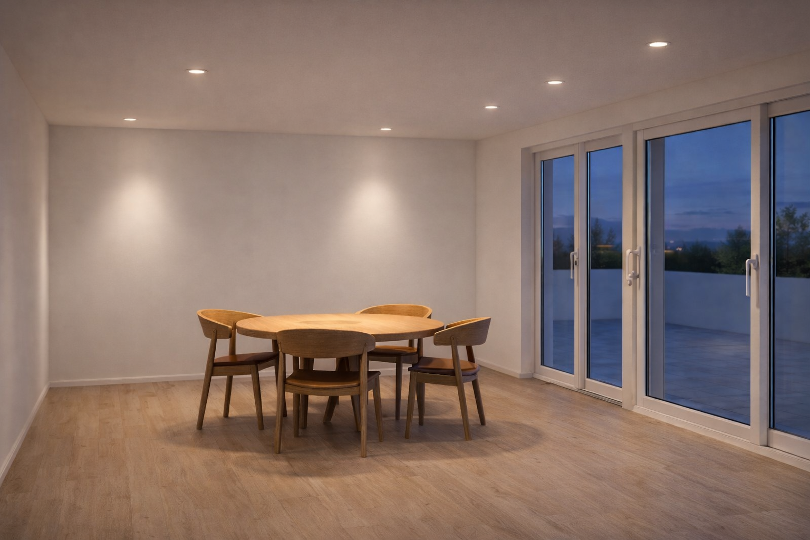 Vergleichsvisualisierung Chalet Meiringen: gleichmässiges 3000-Kelvin-Downlight-Raster ohne Lichthierarchie