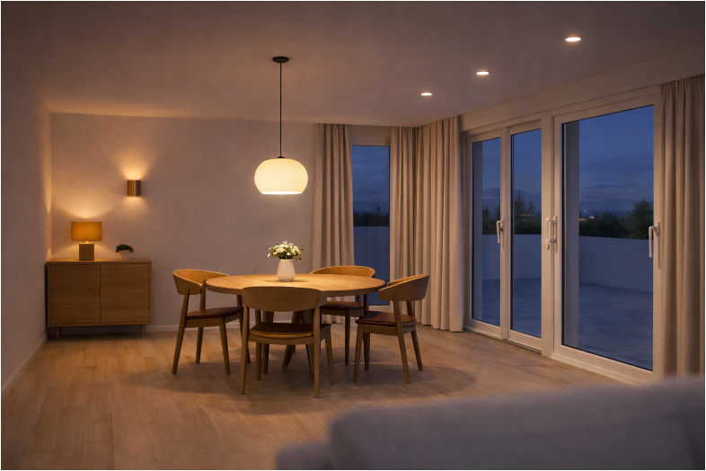 Vergleichsvisualisierung Chalet Meiringen: Lichthierarchie mit Pendel-, Wand-, Tisch- und Dim-to-Warm-Grundlicht