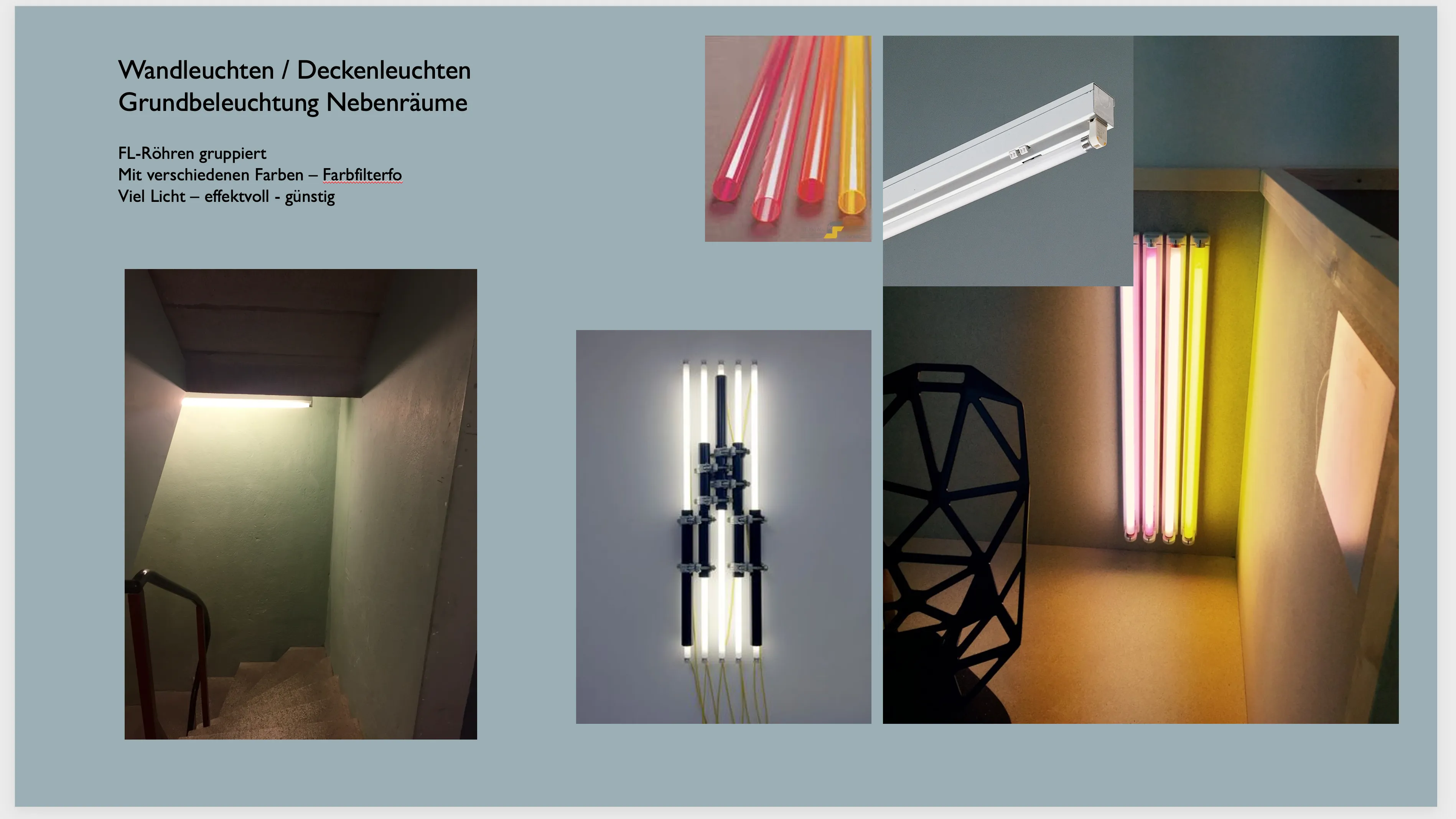 Konzeptcollage für farbige Fluoreszenzleuchten in den Nebenräumen